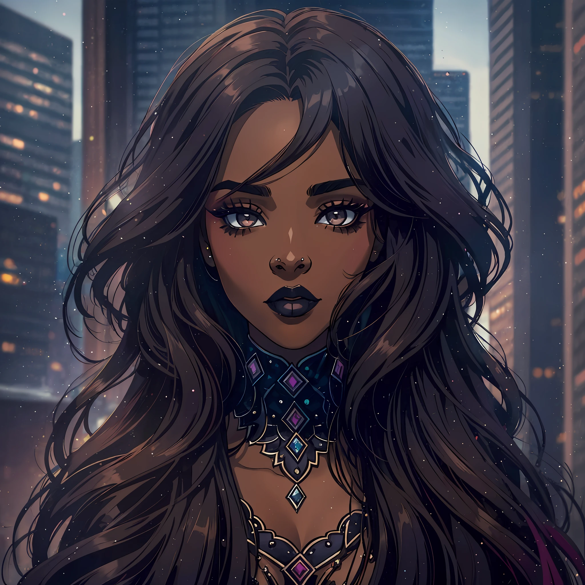 (a young woman:1.2)| (a girl:1.1), dark skin, portrait, makeup, super detailed, Gothic style, city, direct look, contoured.