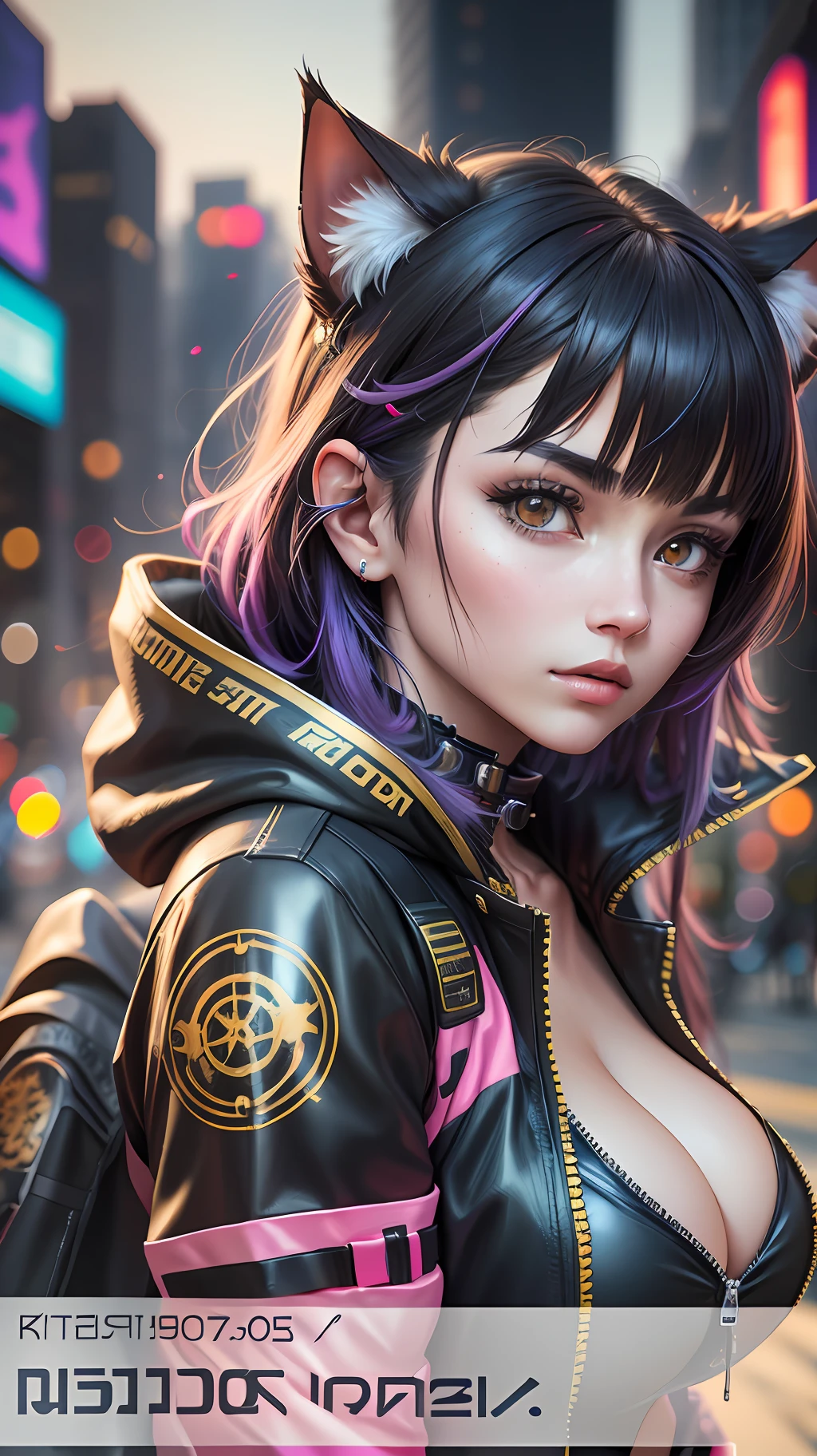 Beautiful photorealistic portrait photograph of beautiful nekomata catgirl wearing tech jacket and assorted cyberpunk clothing and paraphernalia, fringe cut bangs hairstyle, golden eyes, huge breasts, dynamic pose, cyberpunk street background, golden ratio proportions, abstract beauty, intricate details, 8k post production, high resolution, hyperdetailed, trending on artstation, sharp focus, studio photo, intricate details, highly detailed