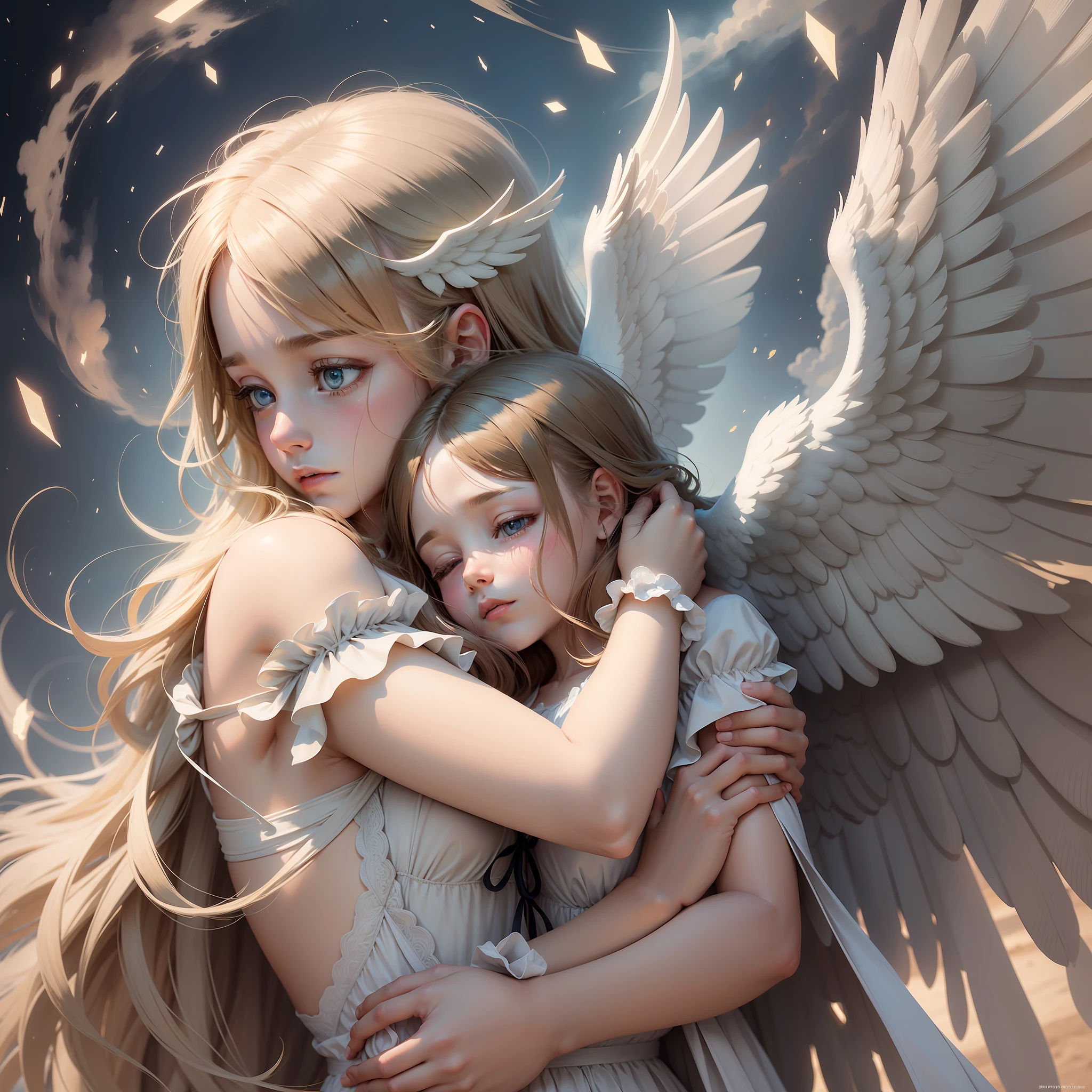 Create an illustration of an angel protecting someone who appears to be discouraged or sad. The 1919 angel could be holding the person with a warm embrace, conveying hope and strength.