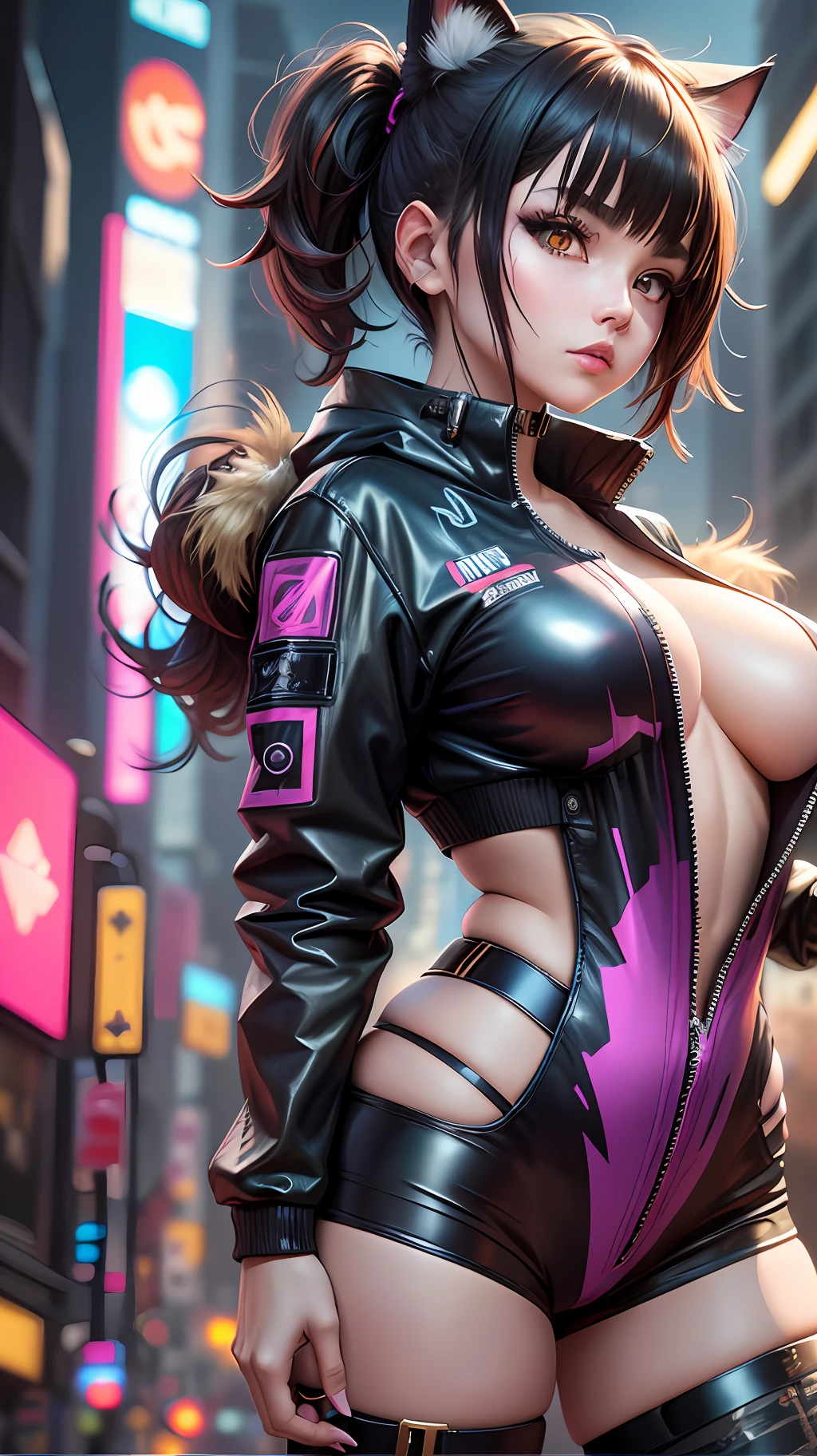 Beautiful photorealistic portrait photograph of beautiful nekomata catgirl wearing tech jacket and assorted cyberpunk clothing and paraphernalia, fringe cut bangs hairstyle, golden eyes, huge breasts, dynamic pose, cyberpunk street background, golden ratio proportions, abstract beauty, intricate details, 8k post production, high resolution, hyperdetailed, trending on artstation, sharp focus, studio photo, intricate details, highly detailed