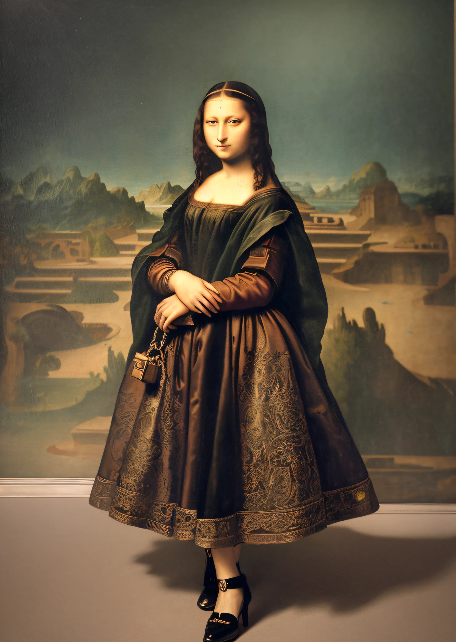 Mona Lisa, steampunk, full body portrait, kill matt, shoes, highly detailed CG unit 8k wallpaper, award winning photo, bokeh, depth of field, HDR, flood, chromatic aberration, realistic, very detailed, complex, high detail, dramatic, midway art, volumetric lighting