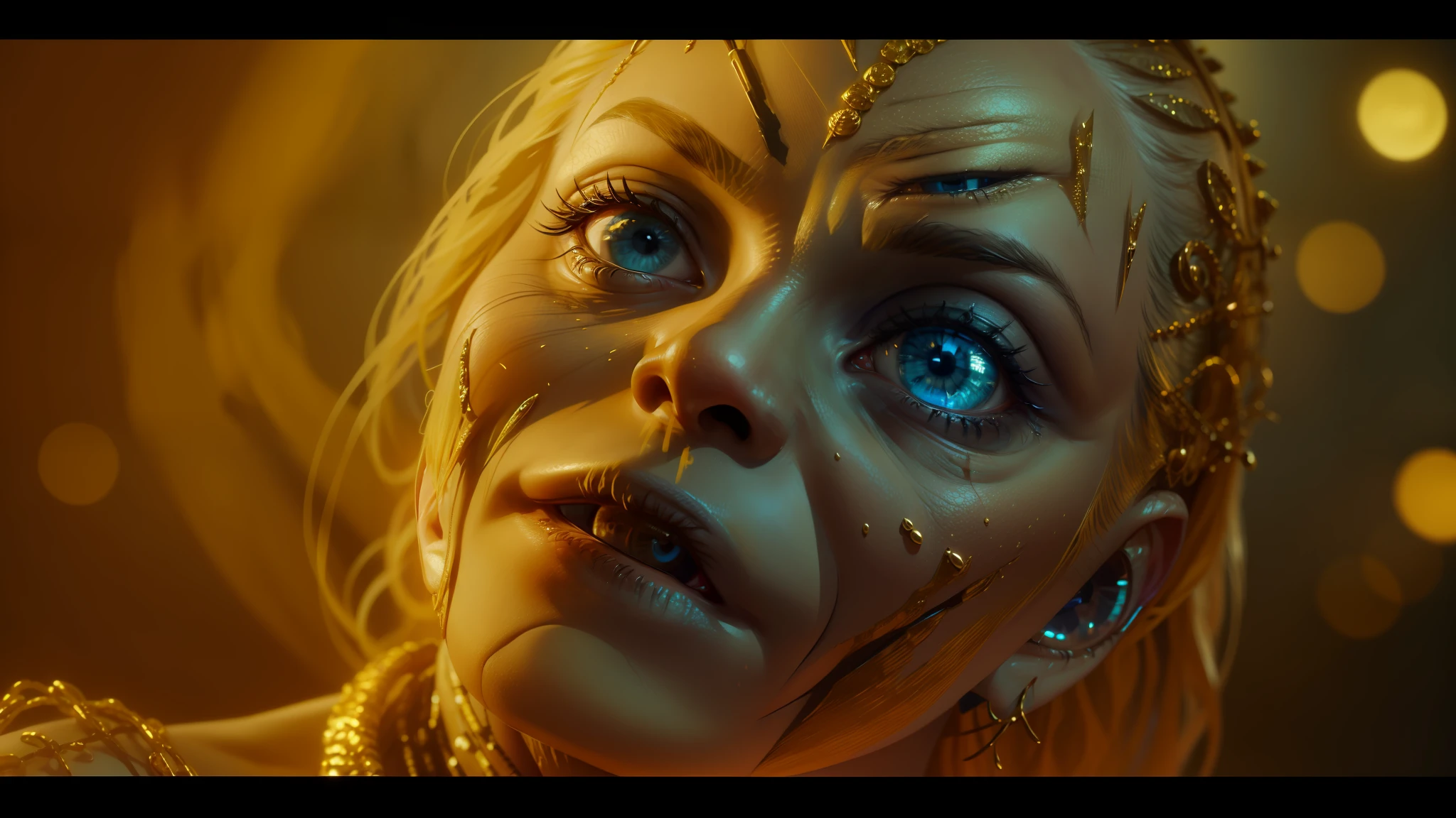 a close up of a person with a gold face and blue eyes, from the movie mad max fury road, highly detailed barlowe 8 k, greta thunberg as gollum, elden ring cinematic lighting, movie still from game of thrones, cgsociety uhd 4k highly detailed, golden bodypaint, cgi 8k, gold bodypaint --auto --s2