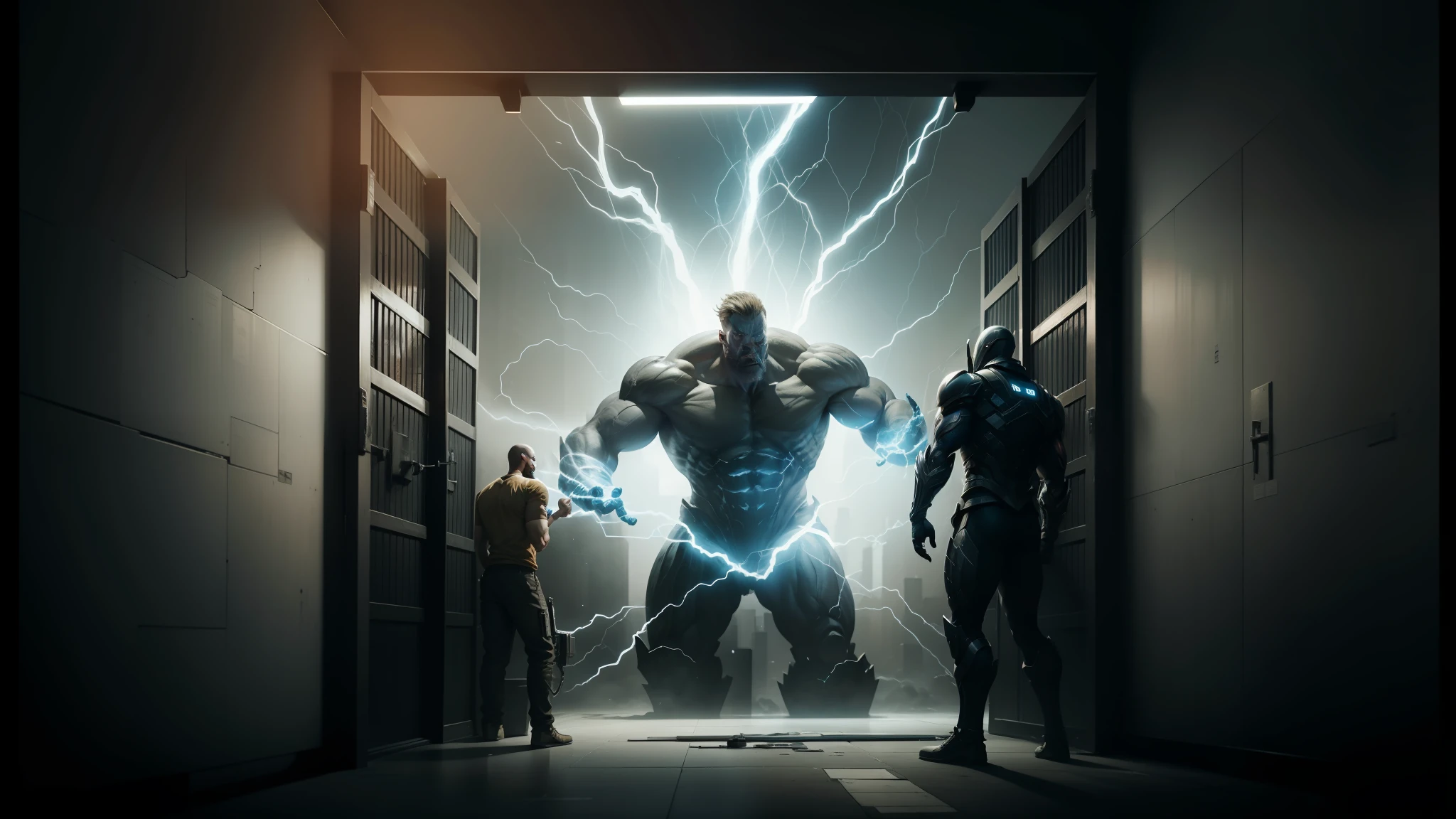 two men are standing in a dark room with a large monster, still from marvel movie, clear eyes concept art, epic scene of zeus, promotional images, concept art for movie, still frame from a movie, movie still of cyborg, screenshot from a movie, still from better call saul, movie concept art, movie screenshot, film concept art, still from a movie --auto --s2