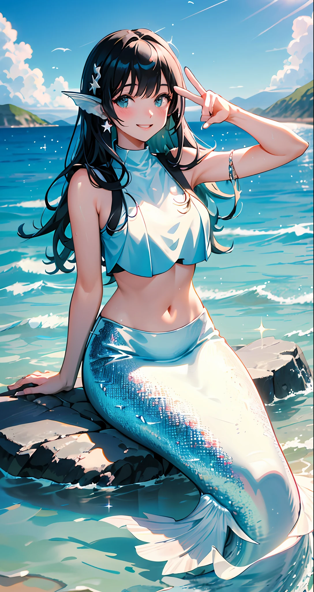 masterpiece, best quality, movie still,  1girl, upper body, peace sign pose, smile, laughing, happy, ocean, white crop top, sparkly white mermaid tail with clear fin, long straight black hair, blush, looking at viewer, cloud, splashing, waves, sun, mountain, wet, sitting on smooth black rock 8k