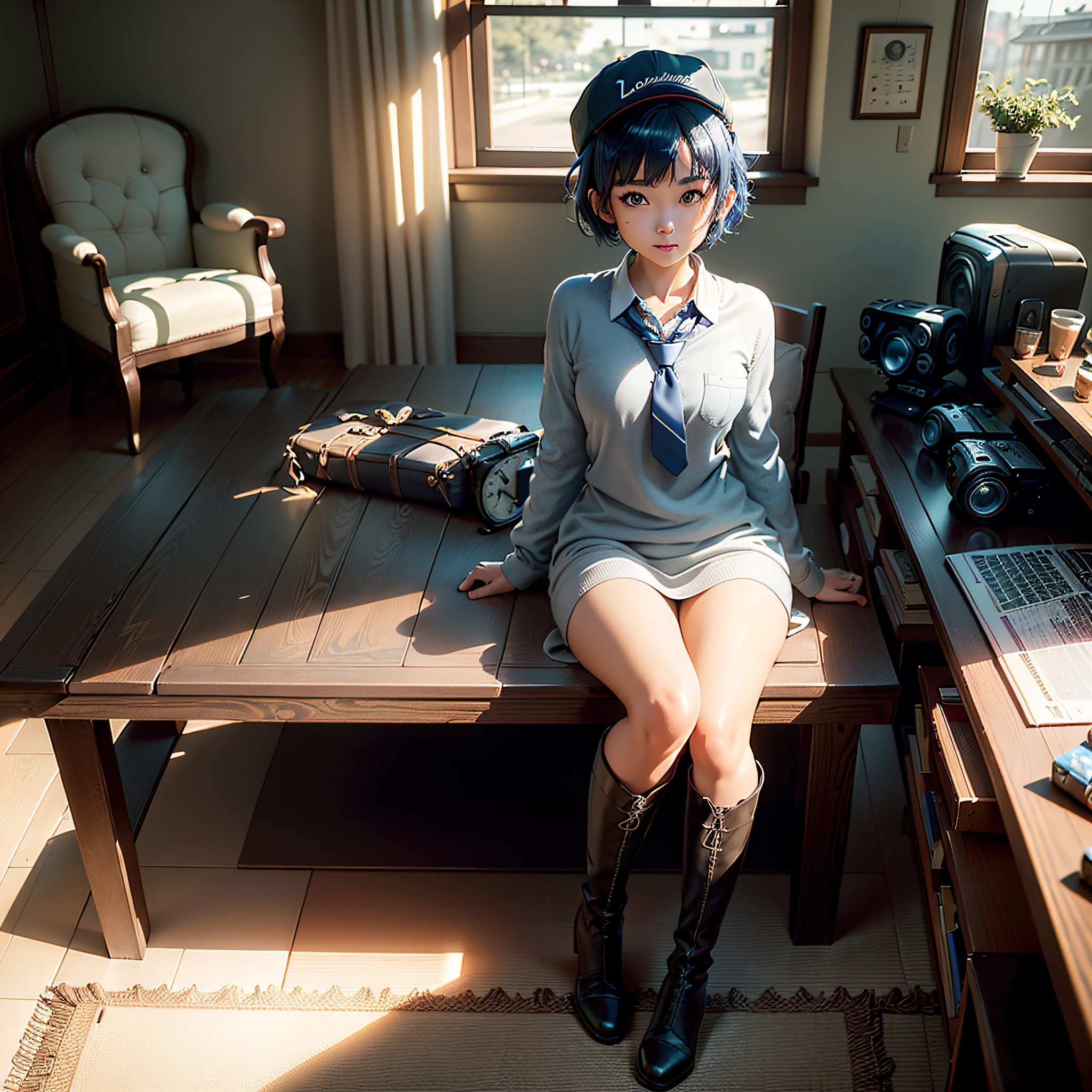 (masterpiece, highest quality, highest resolution, distinct_image, very elaborate CG, cinematic lighting, ray tracing, drop shadows, detailed detail, (photorealistic: 1.4), high quality textures, fine-grained, realistic face expression): (lone girl, face is Japan, short blue hair, small size breasts, sparkling eyes, Eye level shot, light smile, beauty, slim body, holiday, bedroom, console game, computer, dress, long boots, collared shirt, radio, coffee, model train, bookshelf, chair, pot, fan, painting, stuffed animal, tie, baseball cap)