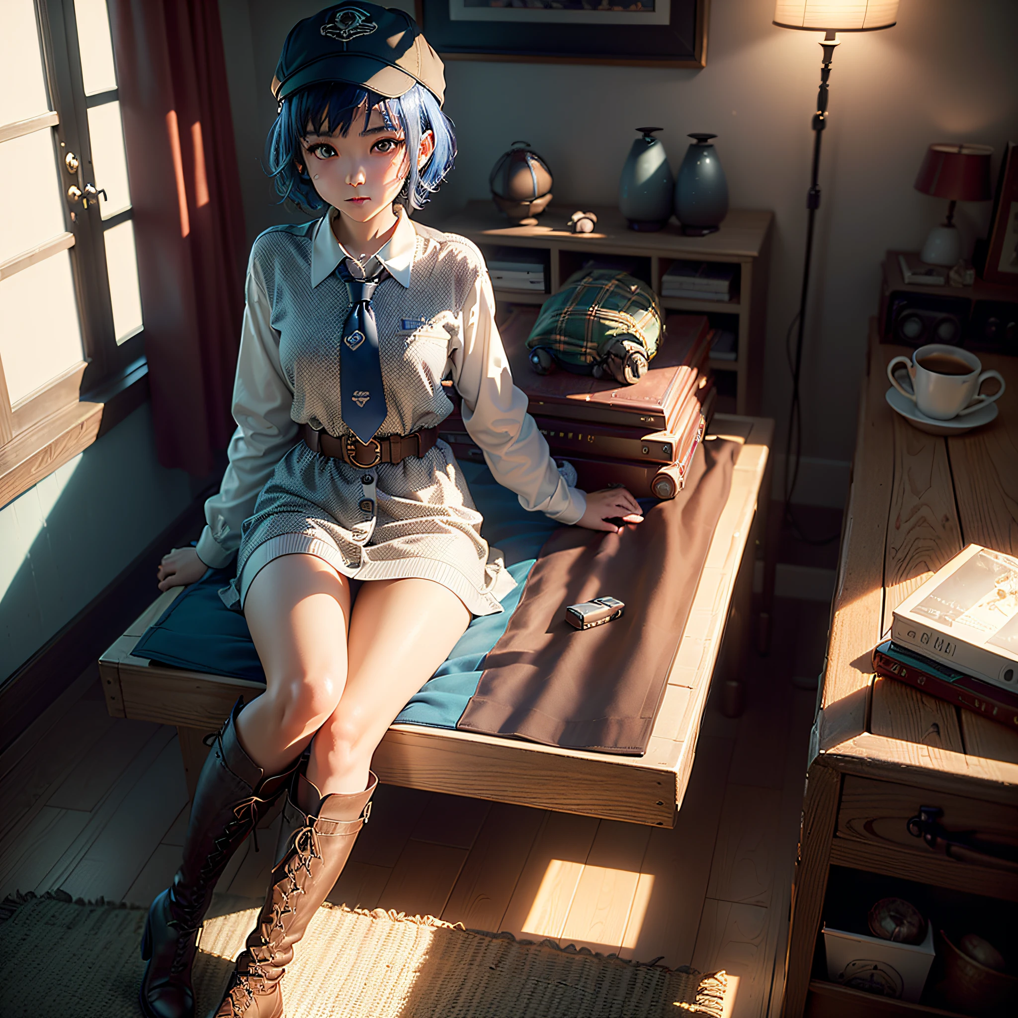 (masterpiece, highest quality, highest resolution, distinct_image, very elaborate CG, cinematic lighting, ray tracing, drop shadows, detailed detail, (photorealistic: 1.4), high quality textures, fine-grained, realistic face expression): (lone girl, face is Japan, short blue hair, small size breasts, sparkling eyes, Eye level shot, light smile, beauty, slim body, holiday, bedroom, console game, computer, dress, long boots, collared shirt, radio, coffee, model train, bookshelf, chair, pot, fan, painting, stuffed animal, tie, baseball cap)