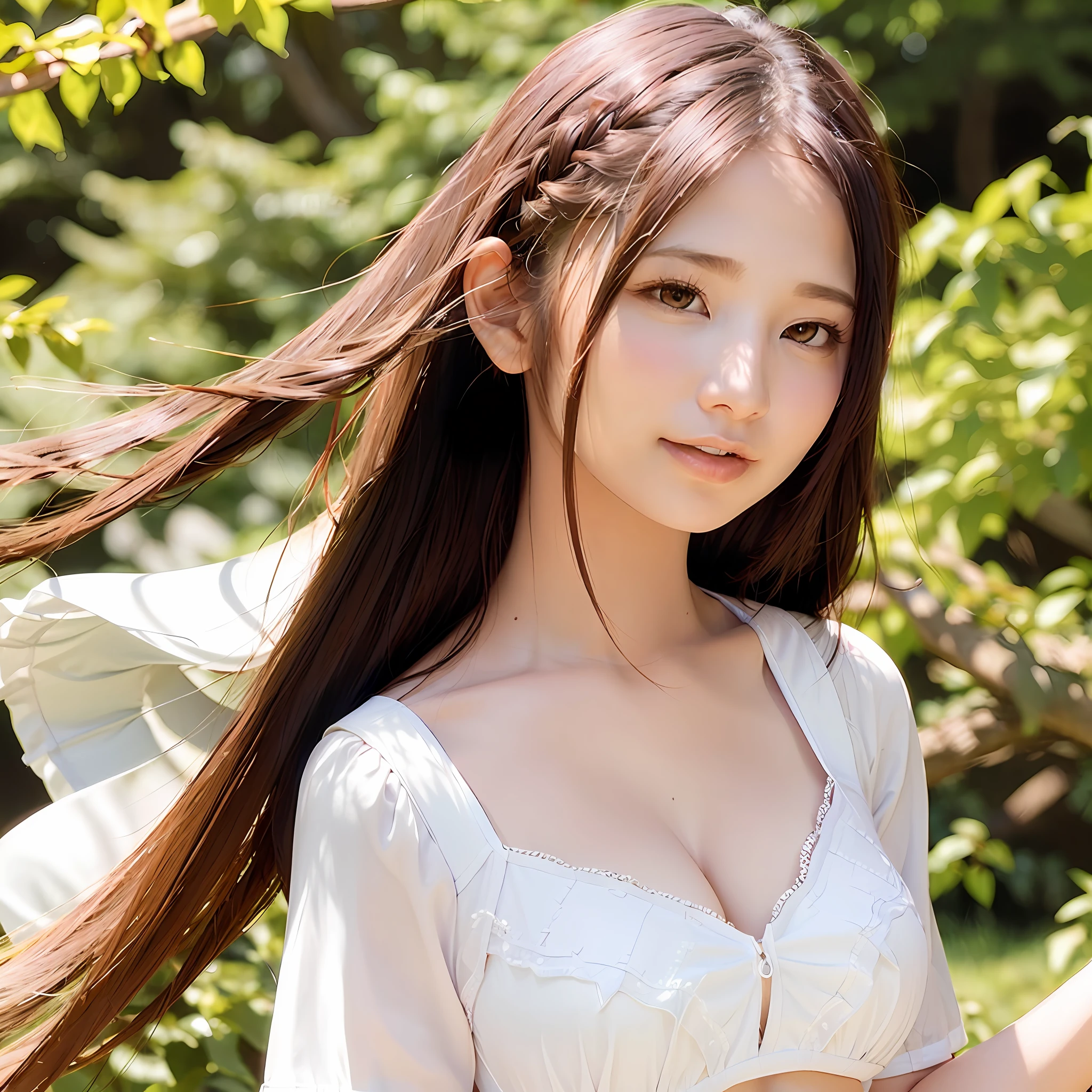8k, best quality, 1girl, (skindentation), huge breast, morning, (bright), blur background, outdoor, (street:0.6), (people), crowds, braided bangs, blouse, gorgeous, floating hair, (dynamic pose:0.6), soft lighting, charming, wind, garden, sunlight, white light, (closed mouth:1.2, beautiful eyes, detailed eyes, detailed iris, beautiful lips, beautiful nose, beautiful face),