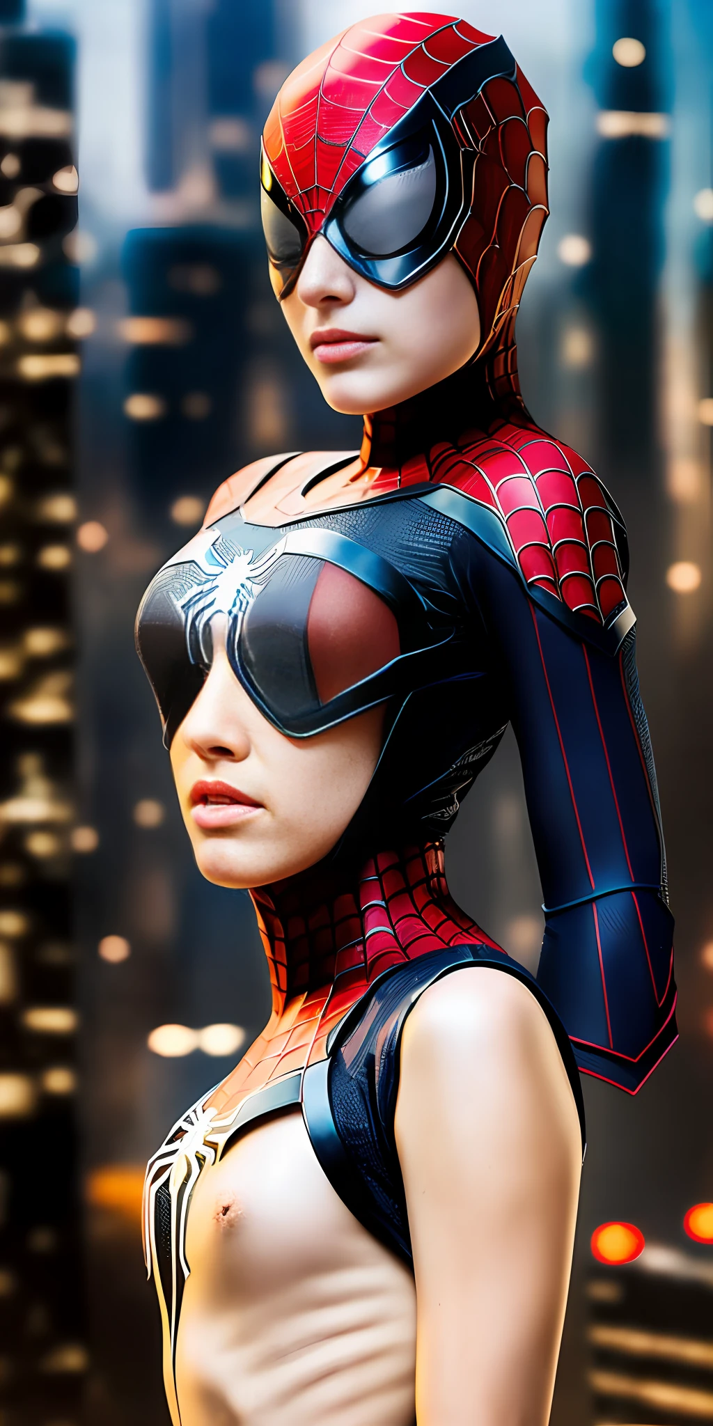 (1girl:1.3), Solo, (((Very detailed face)))), ((Very detailed eyes and face)))), Beautiful detail eyes, Body parts__, Official art, Unified 8k wallpaper, Super detailed, beautiful and beautiful, beautiful, masterpiece, best quality, original, masterpiece, super fine photo, best quality, super high resolution, realistic realism, sunlight, full body portrait, amazing beauty, dynamic pose, delicate face, vibrant eyes, (from the front), She wears Spider-Man suit, red and black color scheme, spider, very detailed city roof background, rooftop, overlooking the city, detailed face, detailed complex busy background, messy, gorgeous, milky white, highly detailed skin, realistic skin details, visible pores, clear focus, volumetric fog, 8k uhd, DSLR, high quality, film grain, fair skin, photo realism, lomography, futuristic dystopian megalopolis, translucent