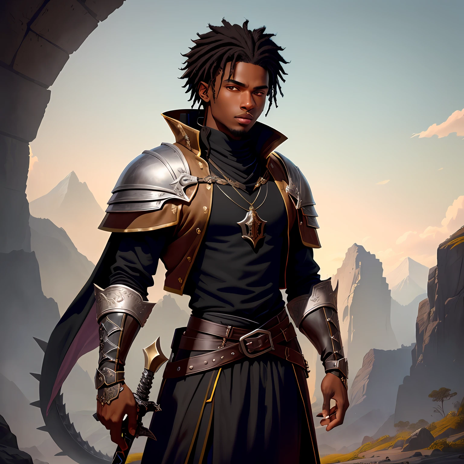 A young black man, aged between  and 24, dressed as a casual medieval man. He has curly black hair, with an obsidian dragon syrup extending from the base of his spine to the ground. Her skin is of a rich and swarthy tone, highlighting her Haitian origin. The swordsman with the hilt adorned with intricate details. His gaze is determined and cold, showing, the obsidian dragon syrup is imposing, standing out against the scenery around him.