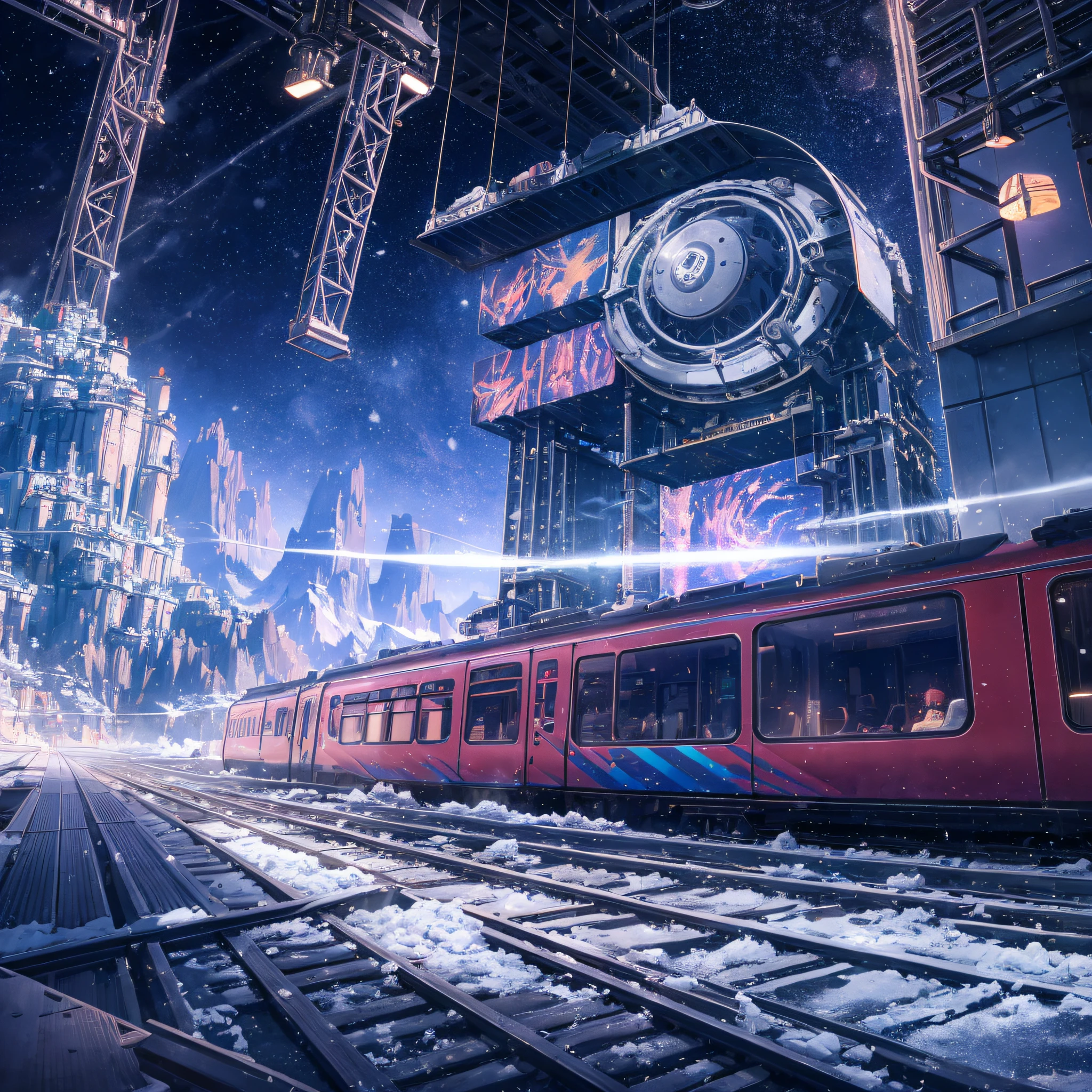 train, snow mountains, river, Cybernetics, Cybernate, machine like, mechanical pistons and parts, Mandelbulb, Rangercore, Nintencore, Supernova, Cosmic, Mario, full length portrait, long exposure, Autodesk Maya, Comedic lighting, Impersonal lighting --auto --s2