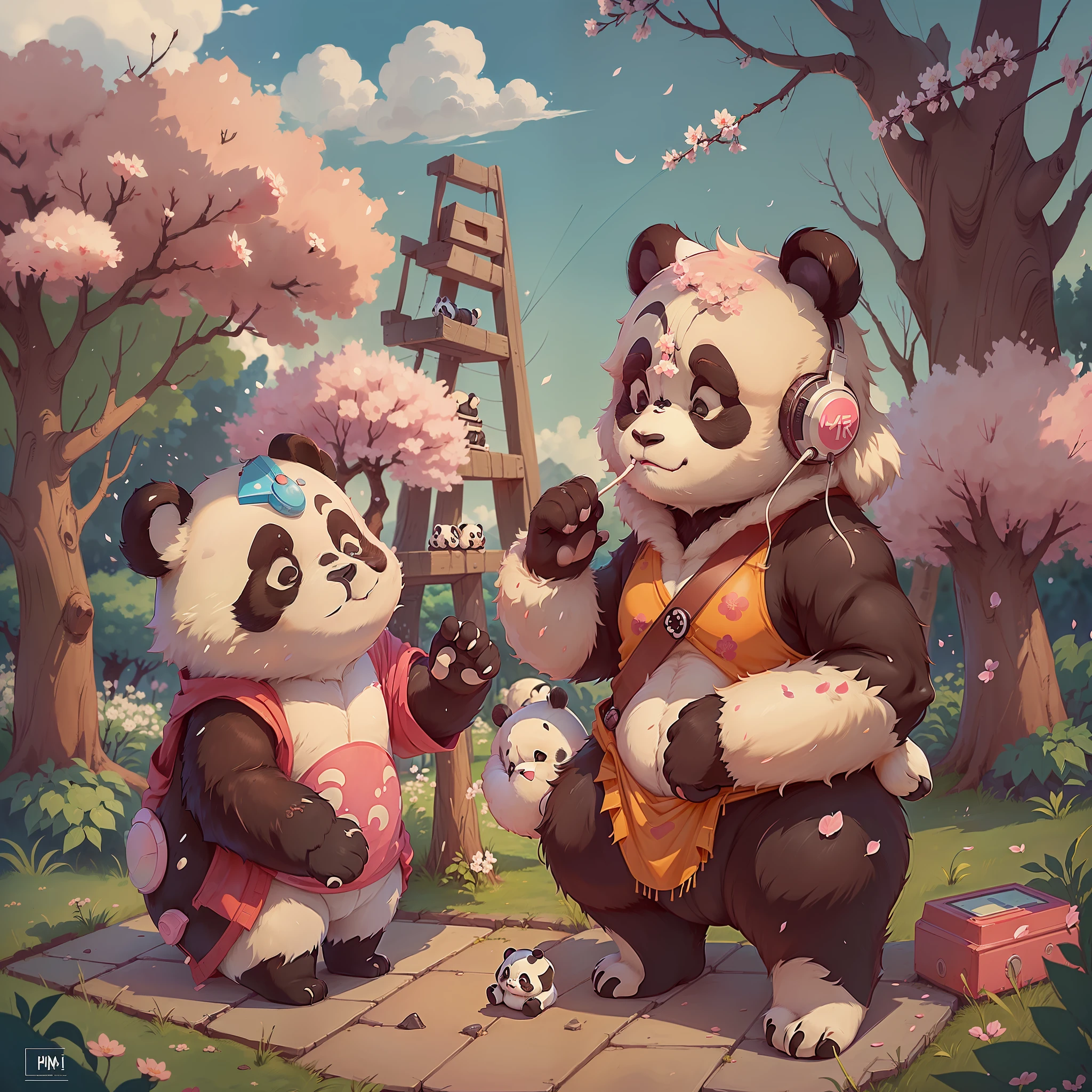 "(Prompt manga model:1.3, panda character:1.3, listening to music playing:1.2, dynamic scene:1.2, sky in the background, cherry tree in bloom in foreground:1.3)"