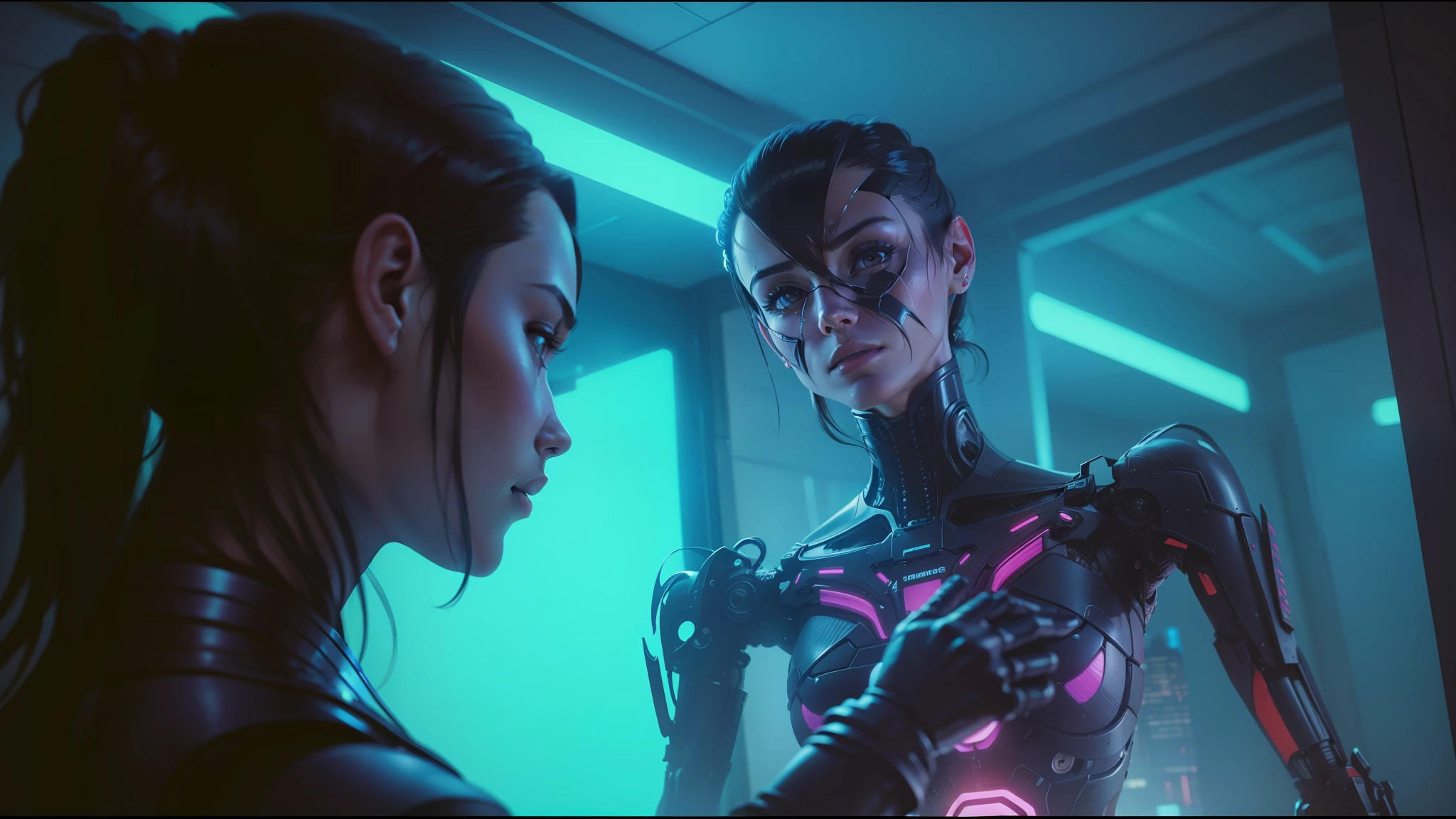 a close up of a woman looking at a robot in a room, altered carbon, still from alita, movie still of a alien cyborg, ex machina (2014), love death + robots, altered carbon style, still from the movie ex machina, ghost in the shell movie scene, movie still of the alien girl, altered carbon series --auto --s2