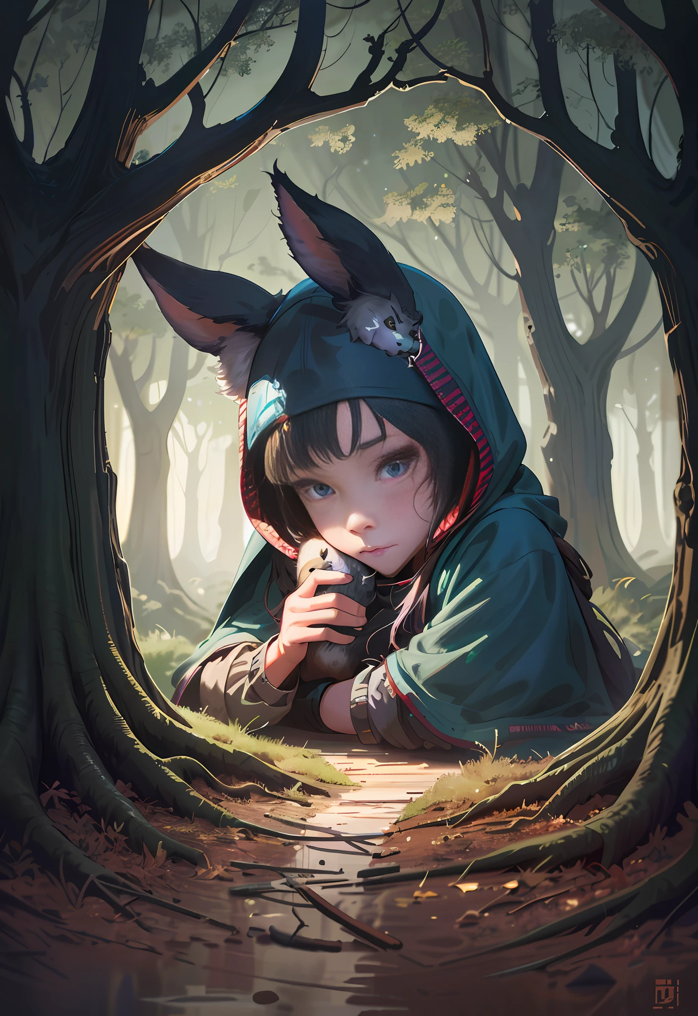 there is a girl in a hoodie with a cat on her head, adorable digital painting, childrens art in artstation, artwork in the style of guweiz, girl with fox ears, wojtek fus, cute detailed digital art, artgerm and atey ghailan, realistic fantasy illustration, loish and wlop, ross tran 8 k, fantasy art style