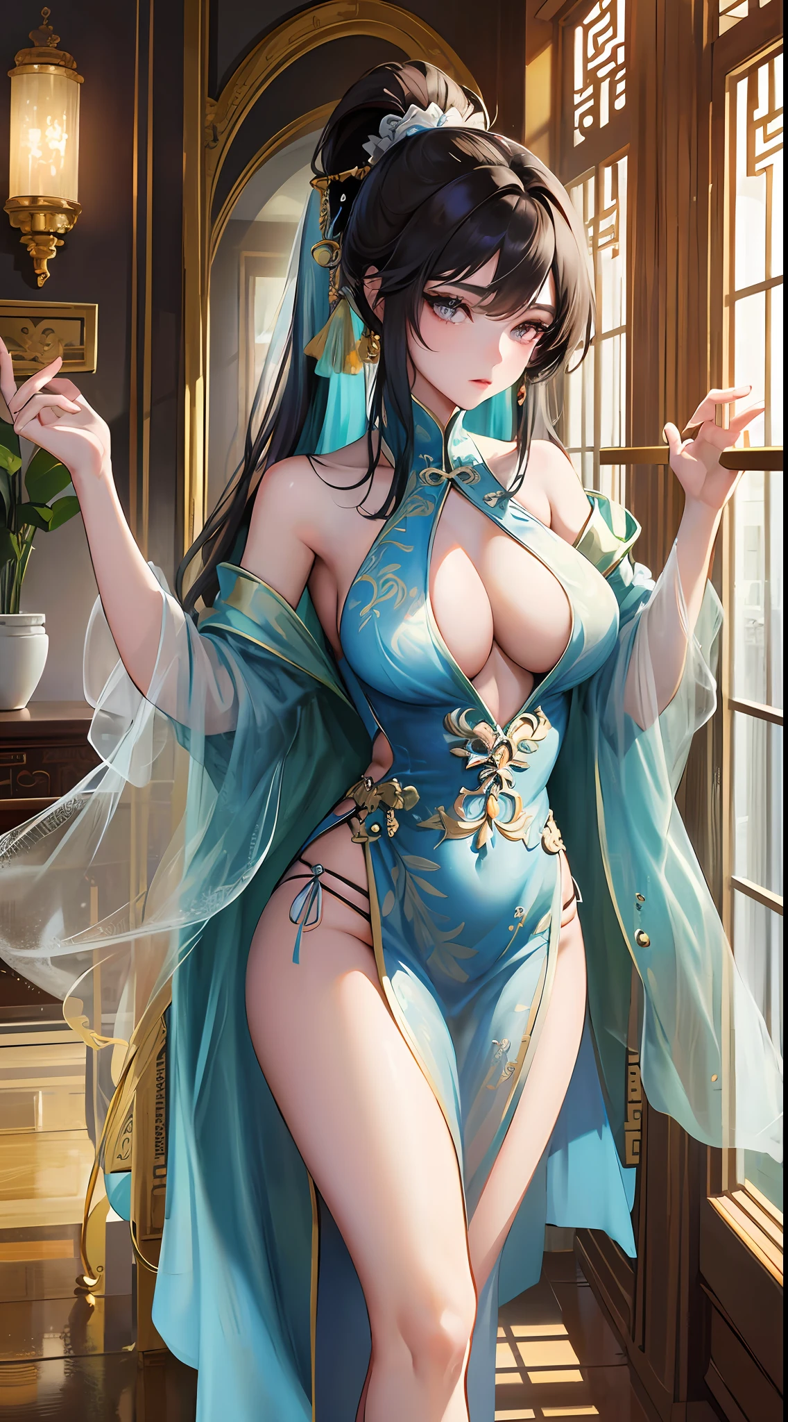 best quality, masterpiece, absurdres, low angle shot, Chinese fantasy, ancient Chinese mythology, 1girl, solo, eye candy, perfect female anatomy, super beautiful, elegant, sexy, detailed beautiful face, smooth skin, nice figure, nice proportions, sexy stunning body, detailed eyes, fine details, big boobs, cleavage, seductive, bare shoulders, long ponytail, bangs, sensual, attractive, wearing a luxurious sheer halter neck vibrant color party dress, deep plunging, translucent robes, jewelry, reflections, ultra fine details, , indoors, grand hall, luxurious, expensive, royalty, queen, figure in frame, cinematic