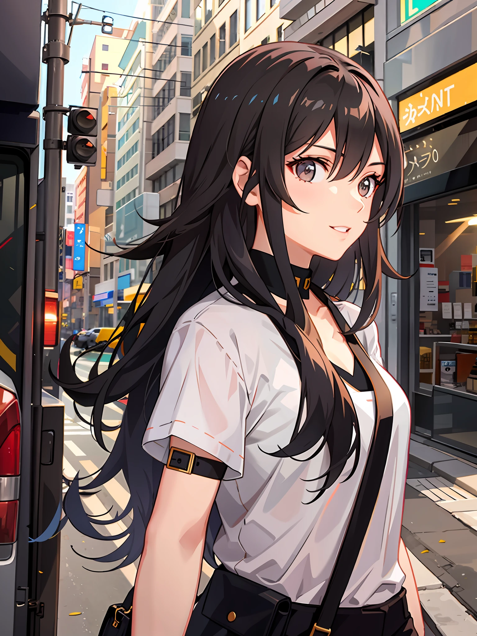 A woman with long hair, dressed in civilian clothes. She should be outdoors. She was laughing, her eyes were supposed to be brown and her hair was dark brown.