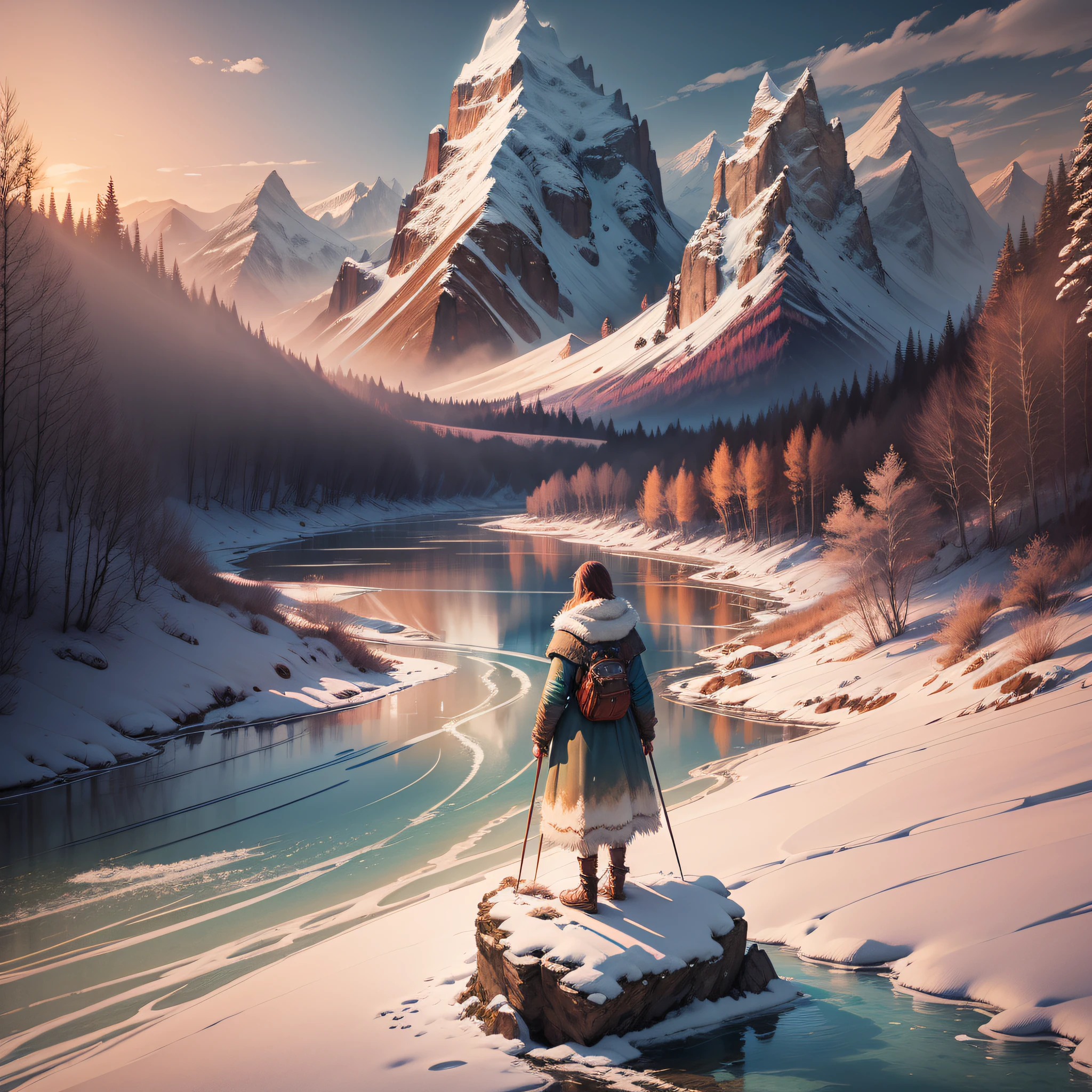 A River inbetween two snow mountains, Sublime, Art Hoe, Glowwave, portrait, Blender rendering, Flat, game asset, Bohemian colors, Dreamlike, sunrise lighting, Ultra-realistic, highly detailed, natural lighting, ocean environment, Unity engine, 8k --auto --s2