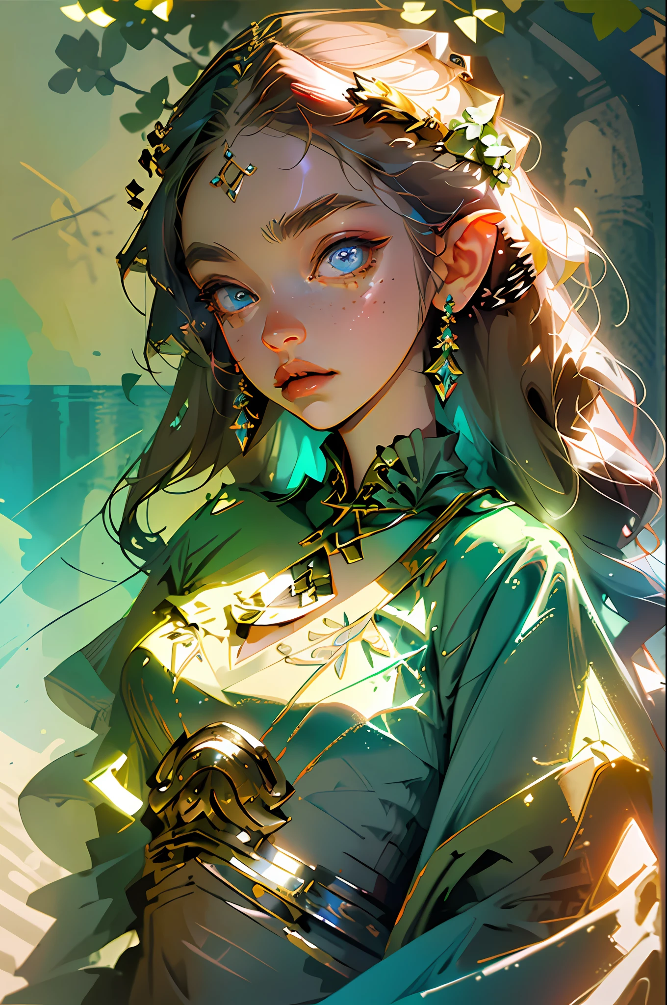 (Best Quality, Masterpiece 1.2), (Detailed Eyes: 1.2), Intricate Details, Depth of Field, Deep Sea, 1 Girl, Girl Lying in a Flower, Princess Zelda, Long Hair,