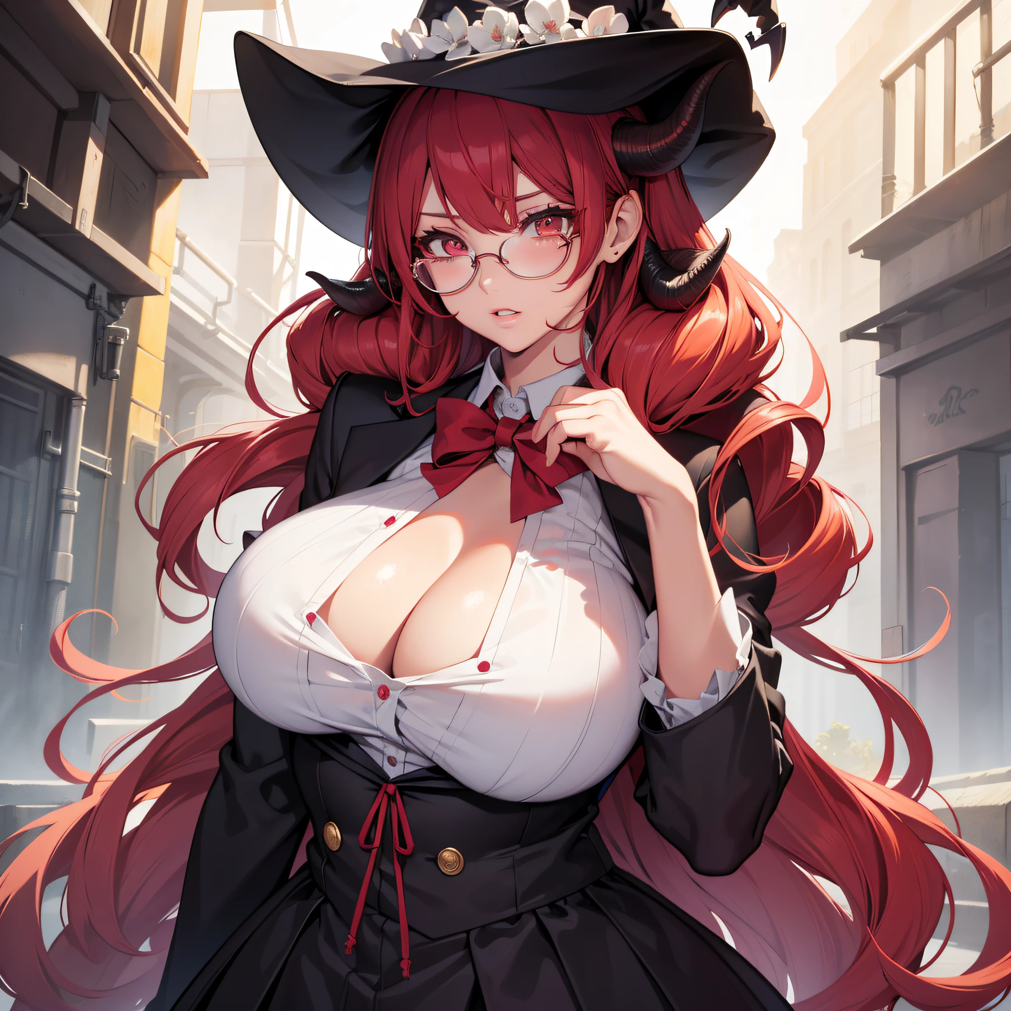 Beautiful girl, 1 woman, big: 1.3, slender figure: 1.1, toned body, bright red hair, twin tails, detailed face, detailed lips, detailed eyes, double eyelids, witch, school uniform, glasses, hanging eyes, horns