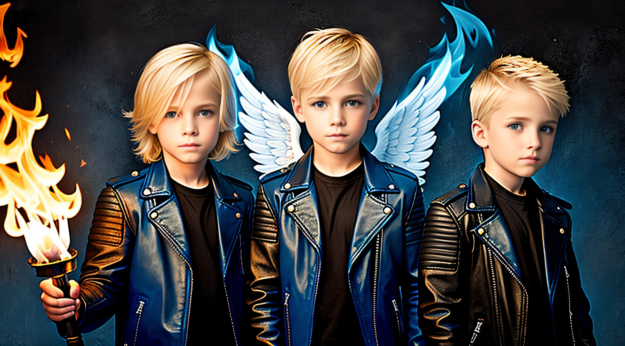 blonde children boys WITH STRAIGHT HAIR, PETROLEUM BLUE BACKGROUND, ANGEL ROASTS, torches of fire in the hands, black leather jacket and black clothing. .