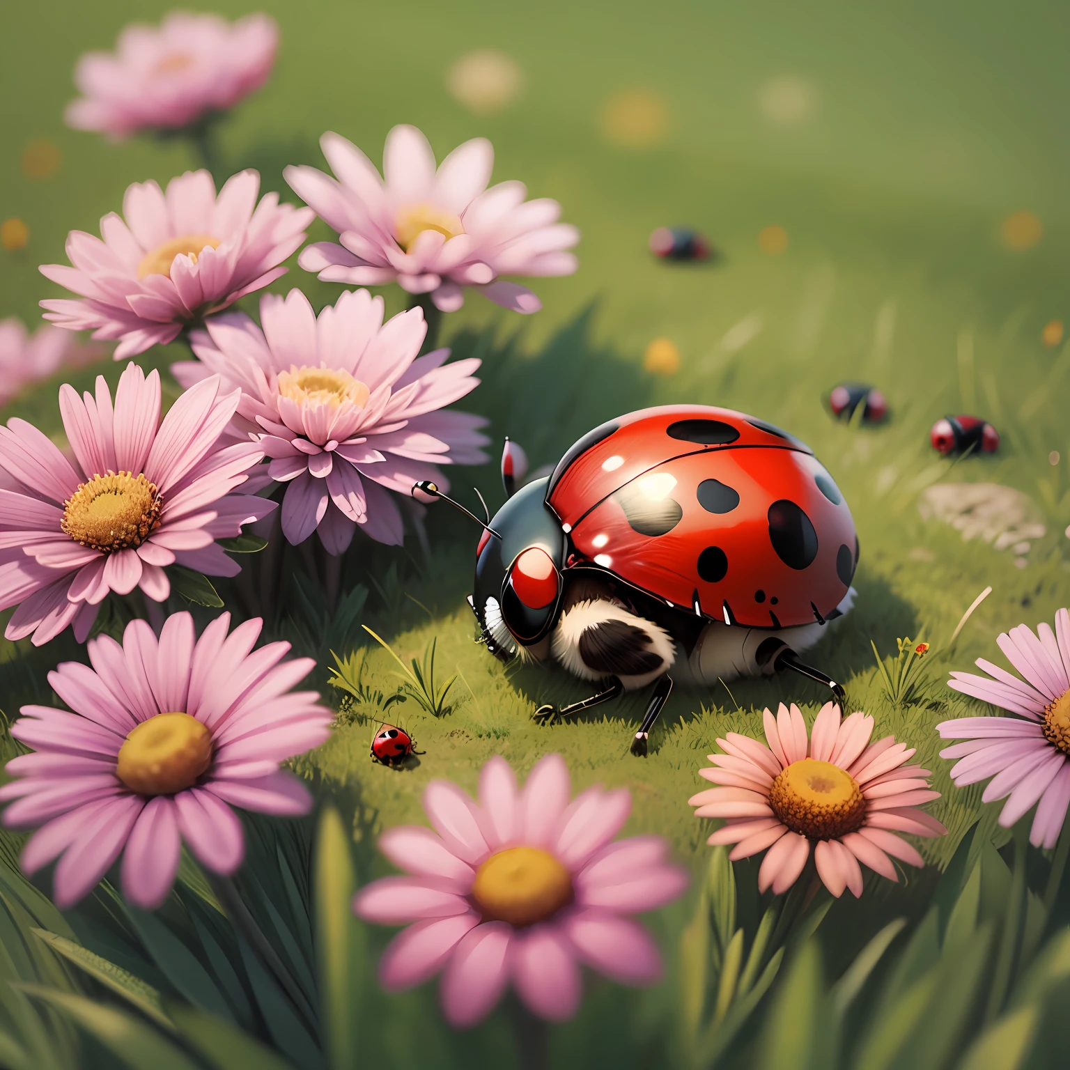 red ladybug on green grass surrounded by flowers --auto --s2