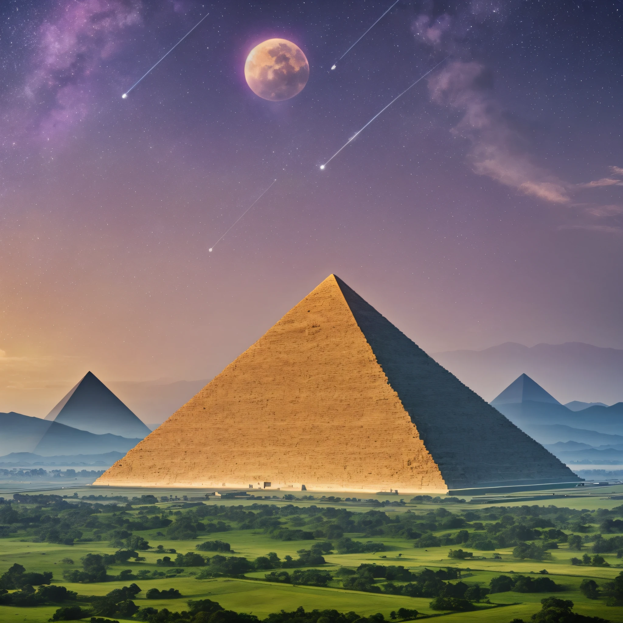 Evolved spiritual city, world of peace, on a well-lit day, the image shows a landscape with a single large Pyramid, with smooth faces without drawings and in the color of white alabaster, with the small cornerstone of the apex of the top in gold color. The pyramid is on the horizon amid a daytime landscape under the sunlight, horizon full of mountains, fog and green forest. The pyramid receives a thin beam of violet light from the universe directly at its top --auto --s2