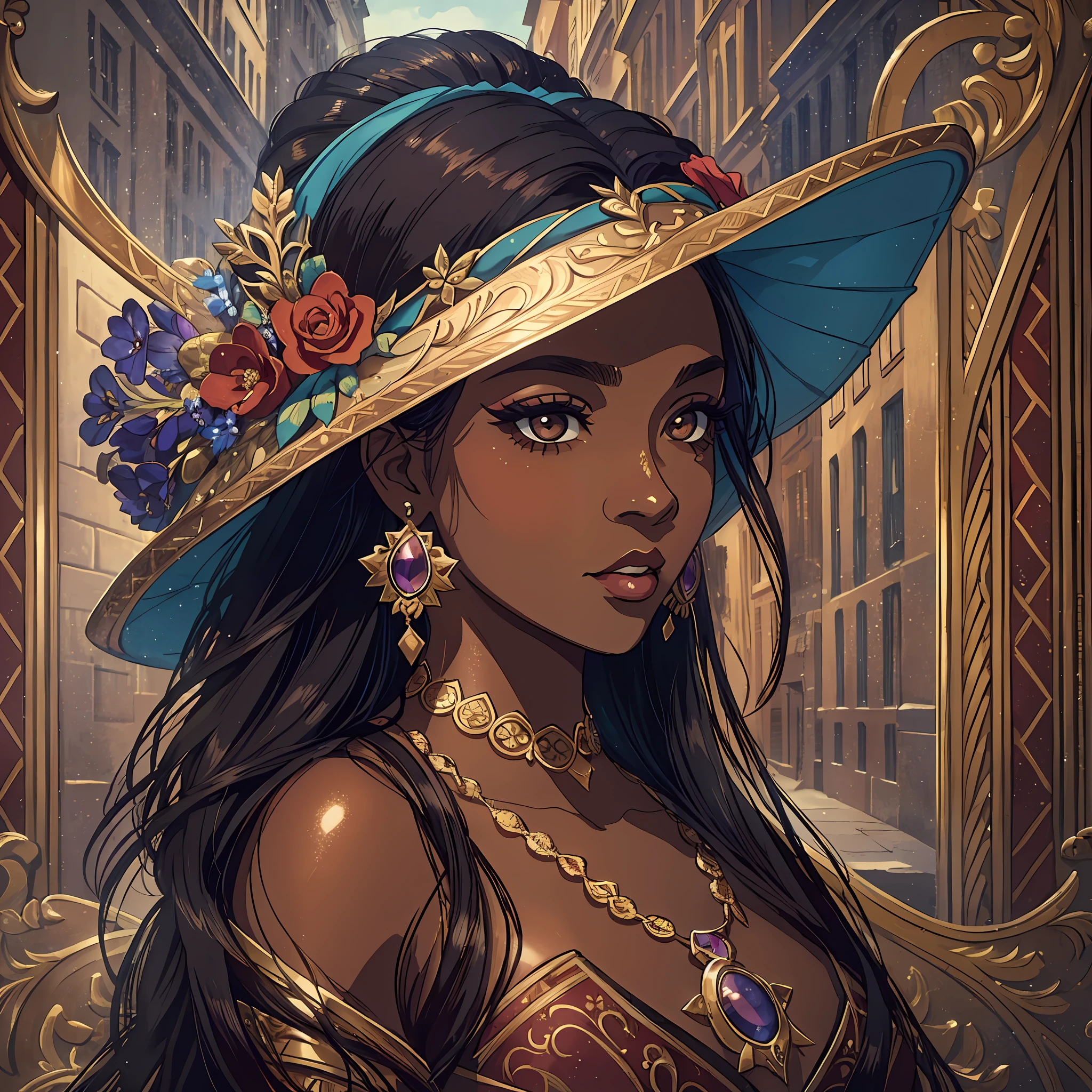 (a young woman:1.2)| (a girl:1.1), dark skin, portrait, makeup, super detailed, Renaissance style, city, direct look, contoured.