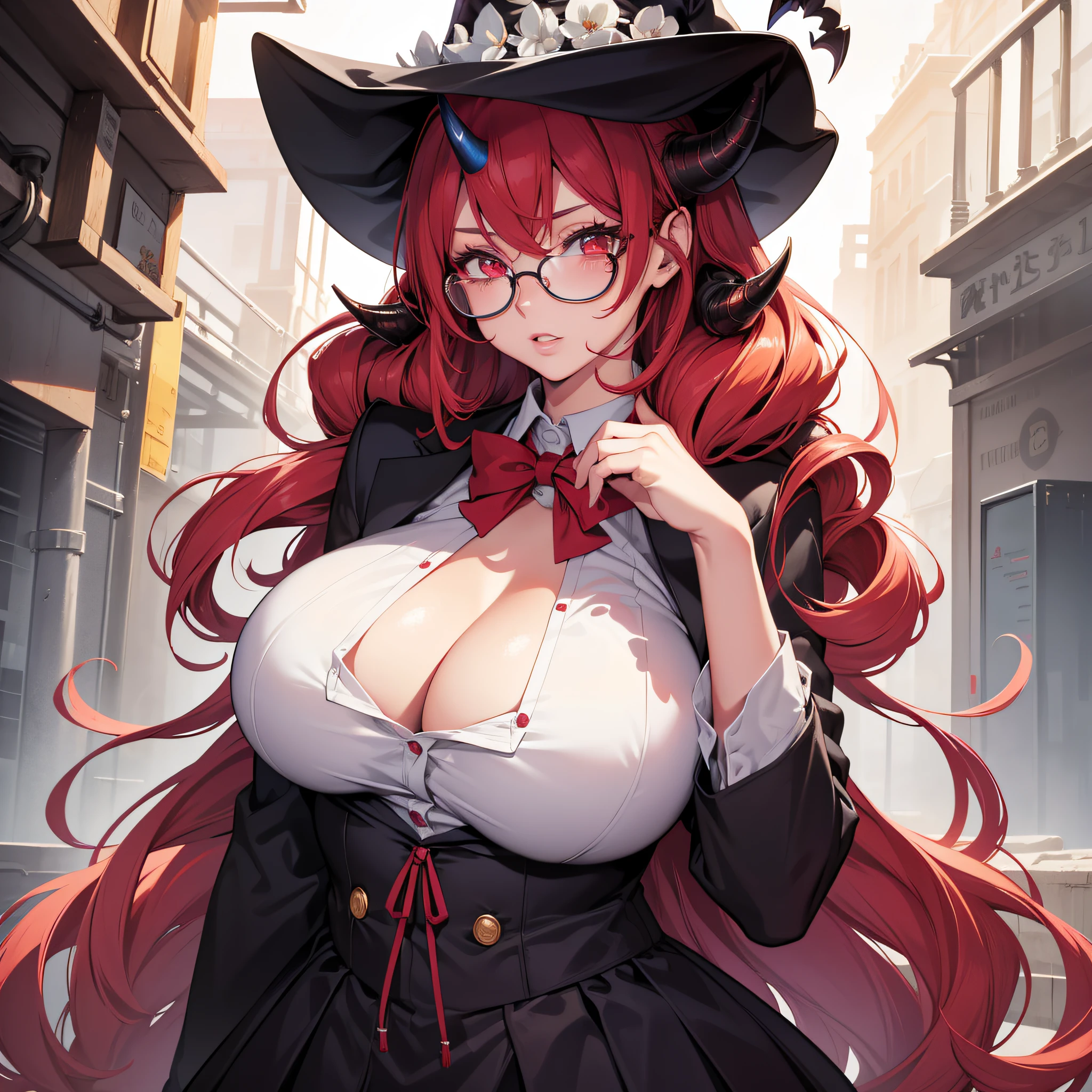 Beautiful girl, 1 woman, big: 1.3, slender figure: 1.1, toned body, bright red hair, twin tails, detailed face, detailed lips, detailed eyes, double eyelids, witch, school uniform, glasses, hanging eyes, one horn from the forehead