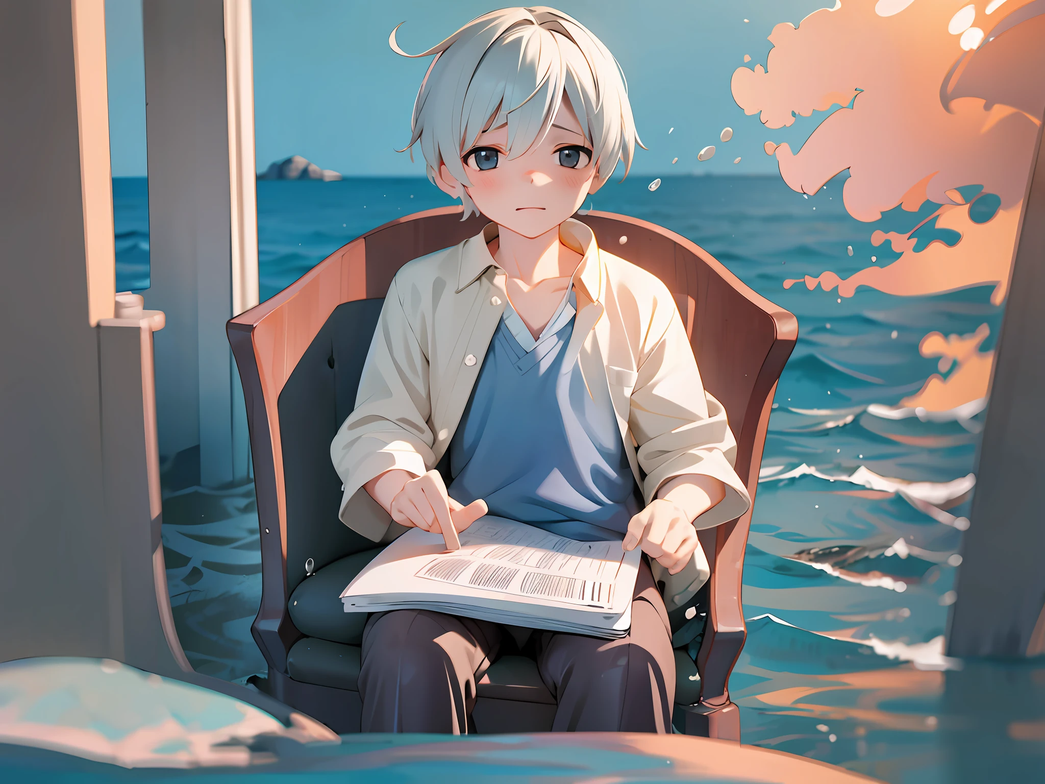 A boy with short hair sits frontally in a chair, in the middle of the sea, holding a burning newspaper in his hand, the evening sun, a white soaked shirt, a blurred foreground, unobstructed --auto --s2