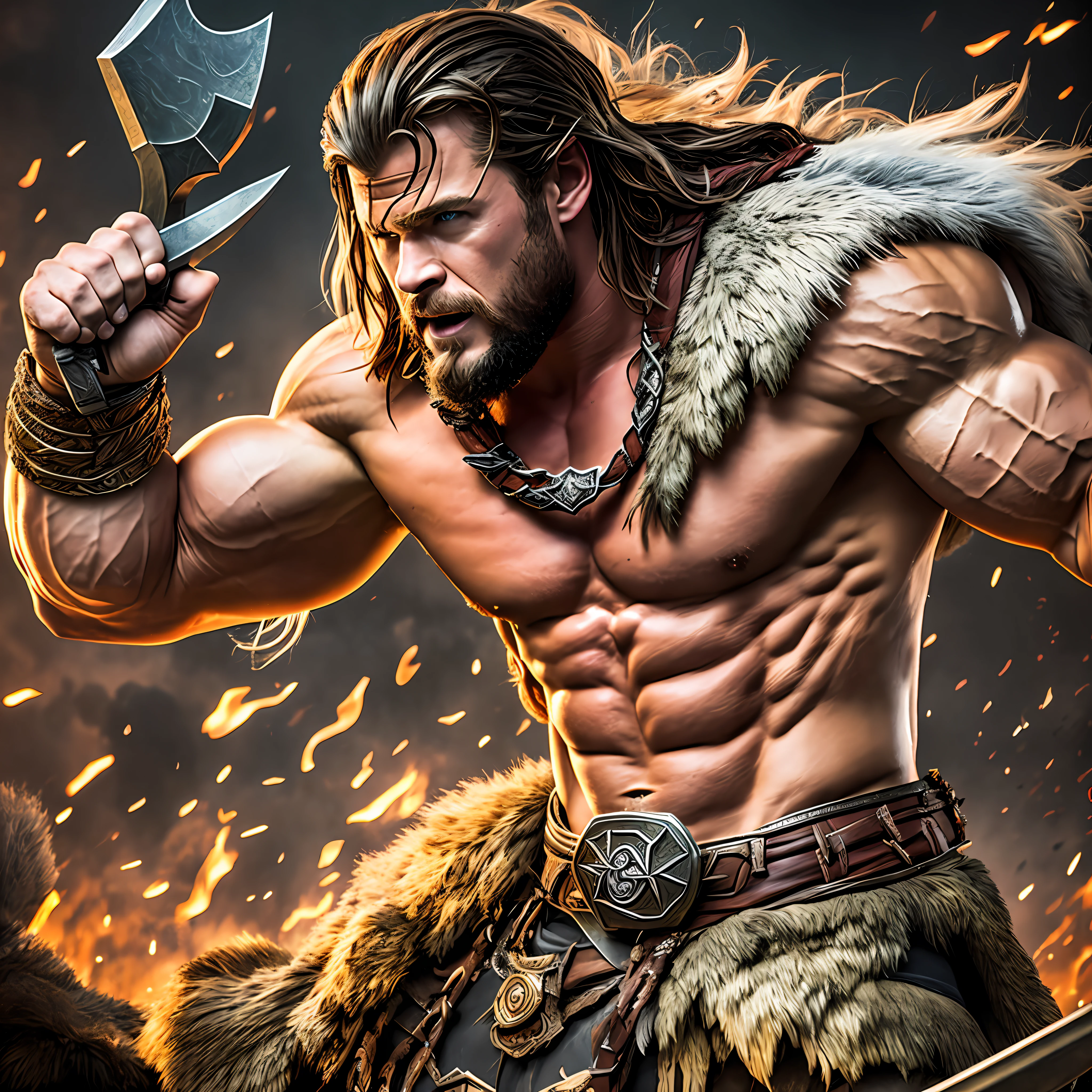 Chris Hemsworth as a barbarian from dungeons and dragons, lean muscles, DnD, in the style of realistic and hyper-detailed renderings,dungeons and dragons, 8k, detailed eyes, perfect eyes, epic , dramatic , fantastical, full body , intricate design and details, dramatic lighting, hyperrealism, photorealistic, cinematic, 8k, detailed face, Dramatic photo,epic photo, whole body,barbarian, --auto --s2
