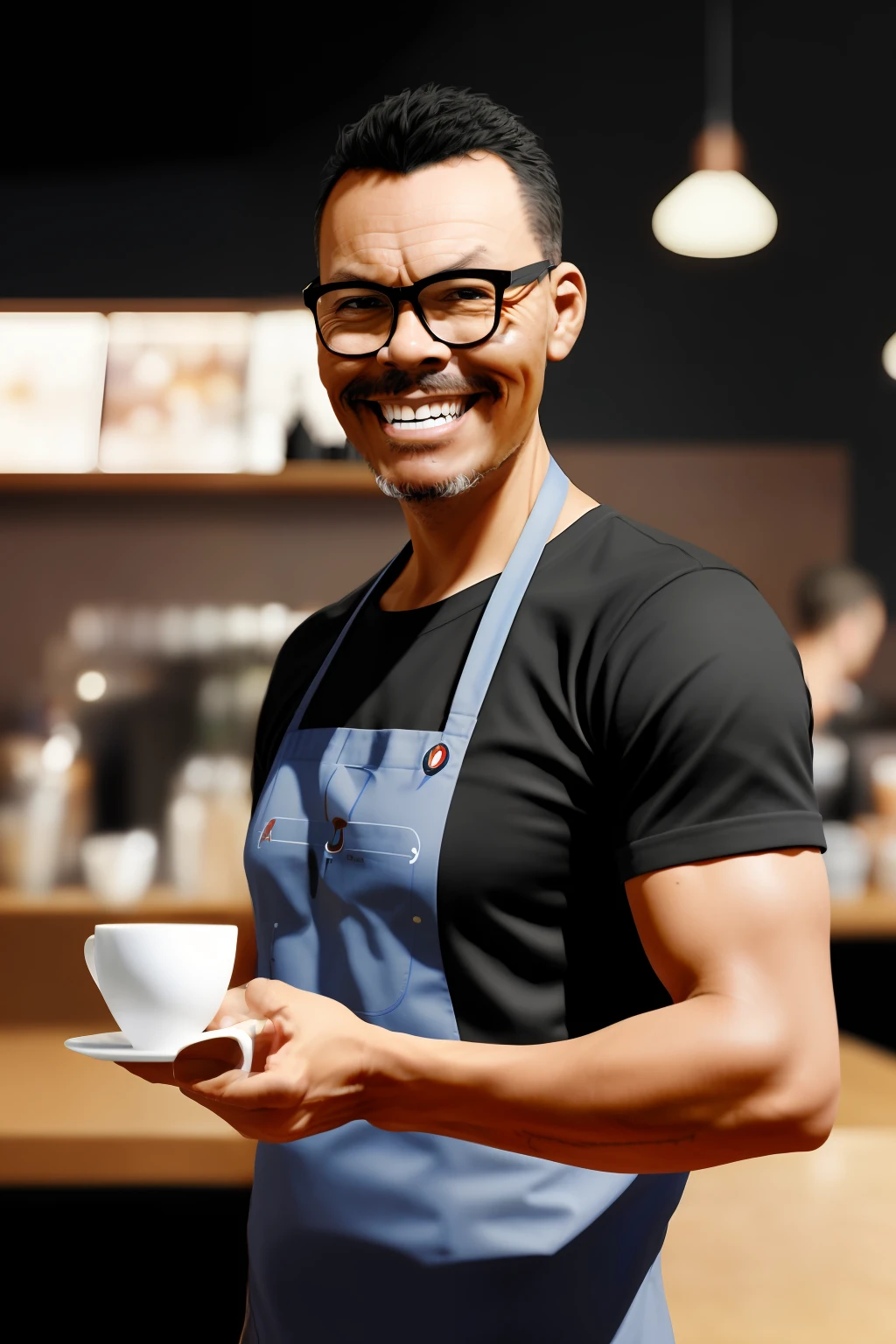 guttonerdvision4, barista (man) with slight smile while serving a cup of coffee, cinematic, by Artgerm and rossdraw and wlop, realistic, 64k, trend in artstation, masterpiece, best quality