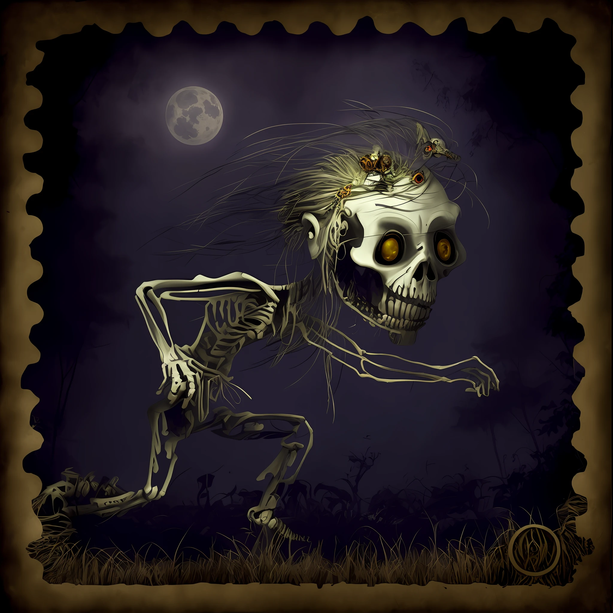a cartoon drawing of a skeleton with purple eyes and a yellow snake, skeleton girl, drawn with photoshop, scary pose, scary creature, hauntingly beautiful zombie, very creepy, in style of tim burton, creepy!!, scary, stylized digital illustration, skeleton-like creature, skeleton - like creature, inspired by Fritz von Dardel, skeleton, very scary --auto --s2