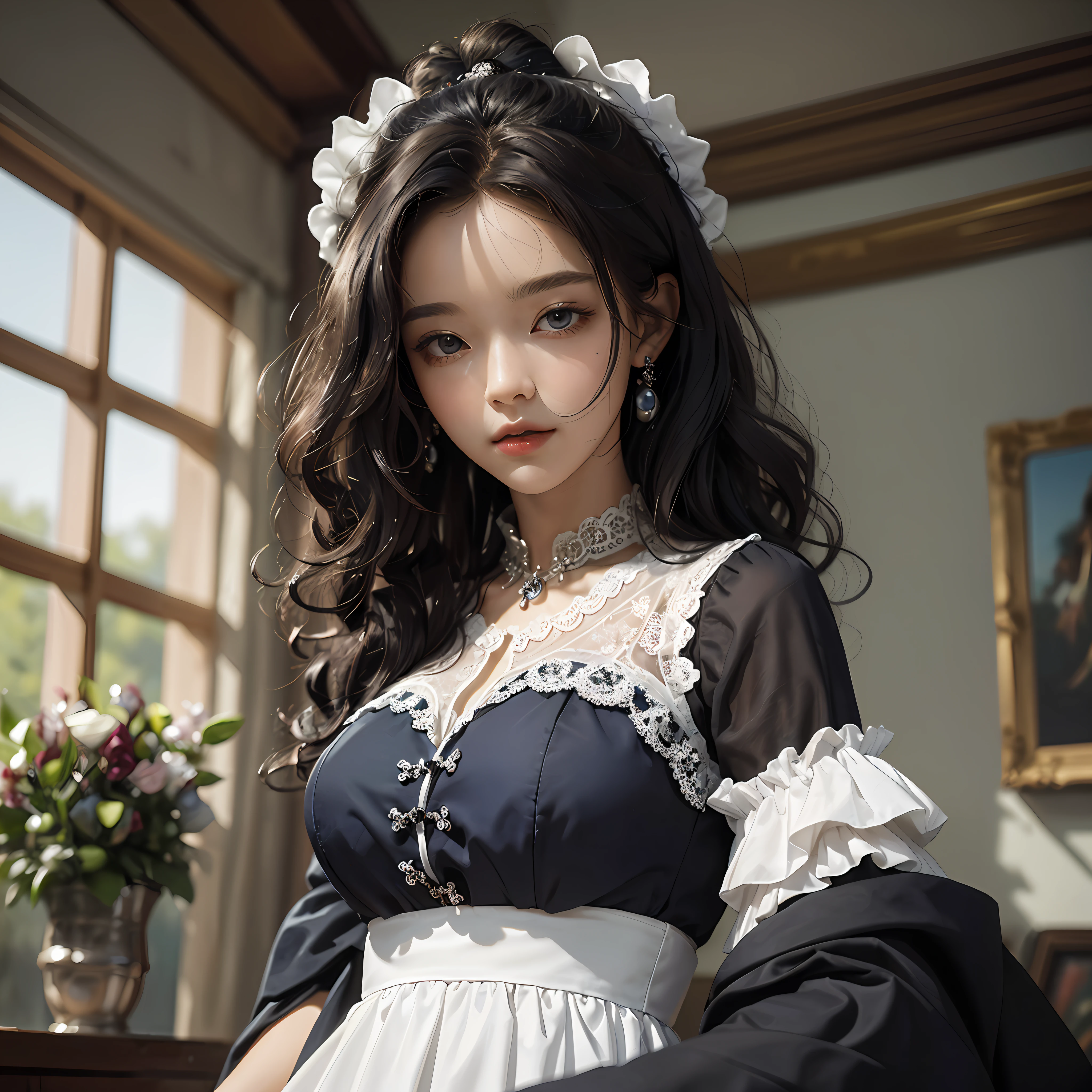 ((Masterpiece, best quality)), (1solo), fine curly hair, black skin, (seen up close), black hair, dark blue dress, white collar dress, dress full of details, waist up, old living room,