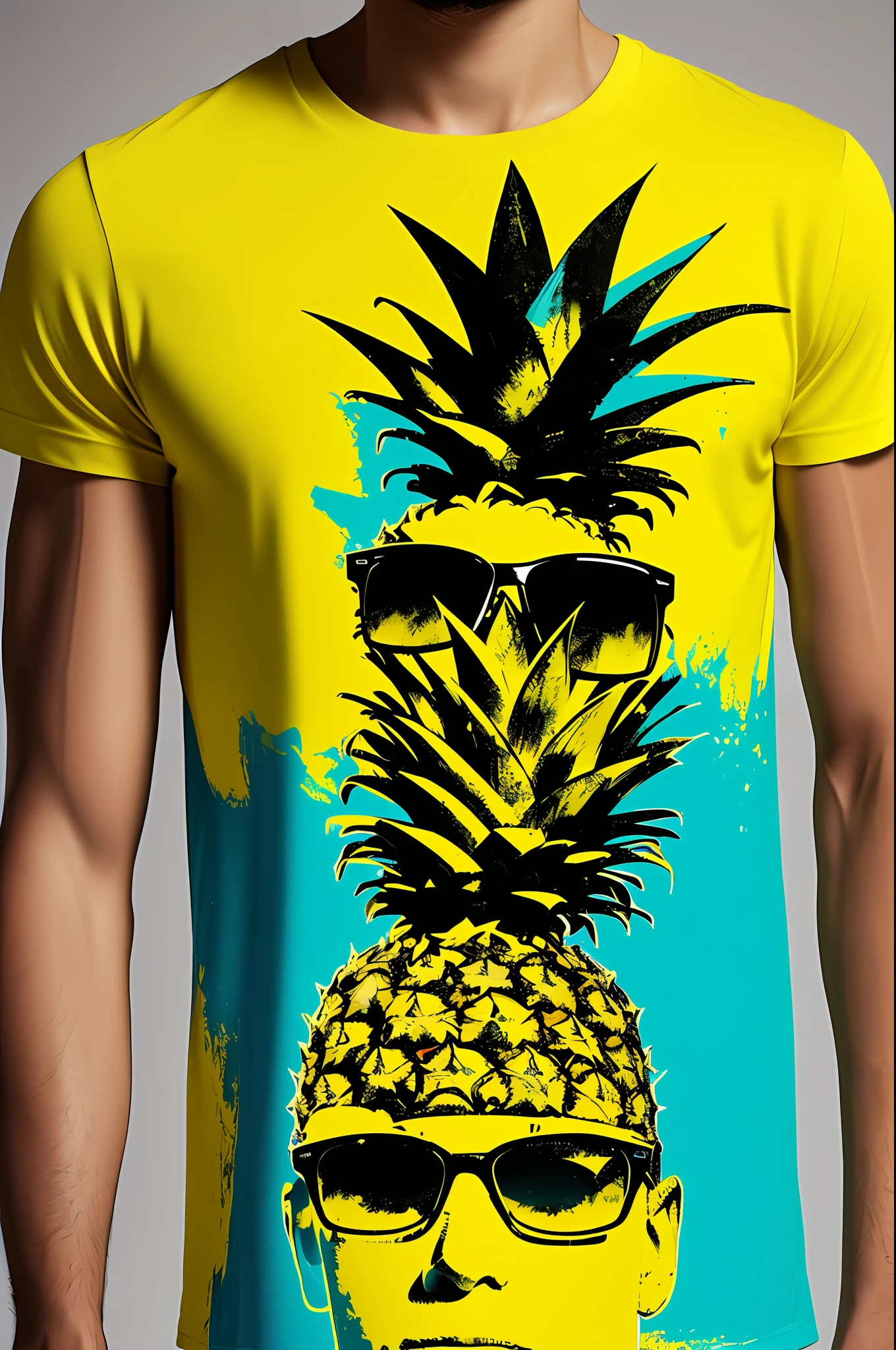 I don't quite understand what you want, but I'll try to do the Prompt optimization according to what I understand. Here you are:

"Paint T-shirt accompanied by a pineapple texture in pop art style - with textured details. -auto -s2", INSERT MY PHOTO