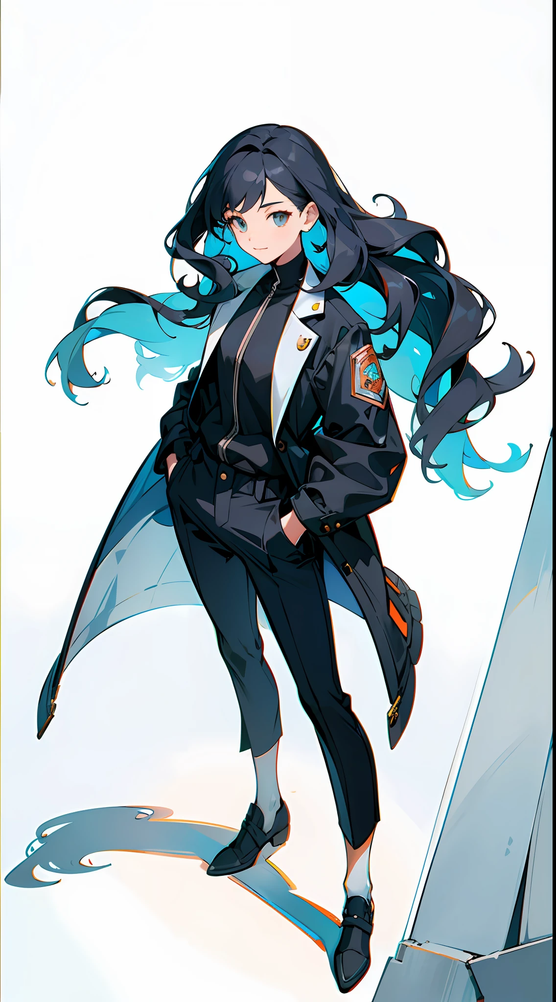 1girl, full body, white background, youth, Bright eyes, Soft silhouette, Small lips, Long wavy hair with slightly deeper, smile,, Self-confidence and affinity, Domineering, wavy long hair, Natural volumes, -stand, hands in pockets, The body is slightly inclined, Assertiveness, -A black, white and gray suit with a modern touch, Oblique viewing angle, Chest above view, Highlight the character's face and costume, It occupies about 2/3 of the entire picture, Cool colors, The streets of the modern city, Soft afternoon sun, warmth, Afternoon, Through the shadows of the building, Modern, simple, stylish, The lines are clean and smooth, Color calm, jiezuo, highest quality, Computer drawing techniques, Focus on the character's face and outfit, with a white background, fully body, Character Design, tachi-e, tachi-e, Masterpiece