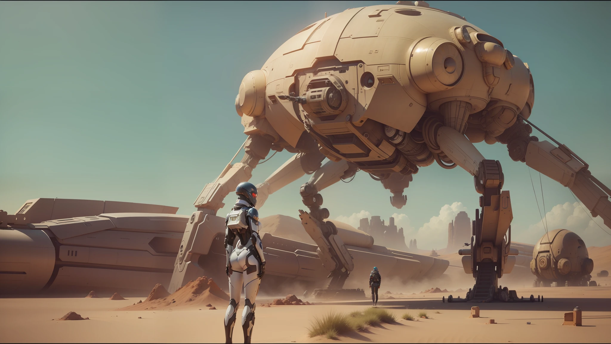 there is a woman standing in front of a giant robot, film still from movie dune-2021, from a 2 0 1 9 sci fi 8 k movie, cgsociety 9, highly detailed surreal vfx, neil blomkamp film landscape, stunning sci-fi concept art, by Mike Winkelmann, love death and robots, vfx art, cgsociety ) --auto --s2