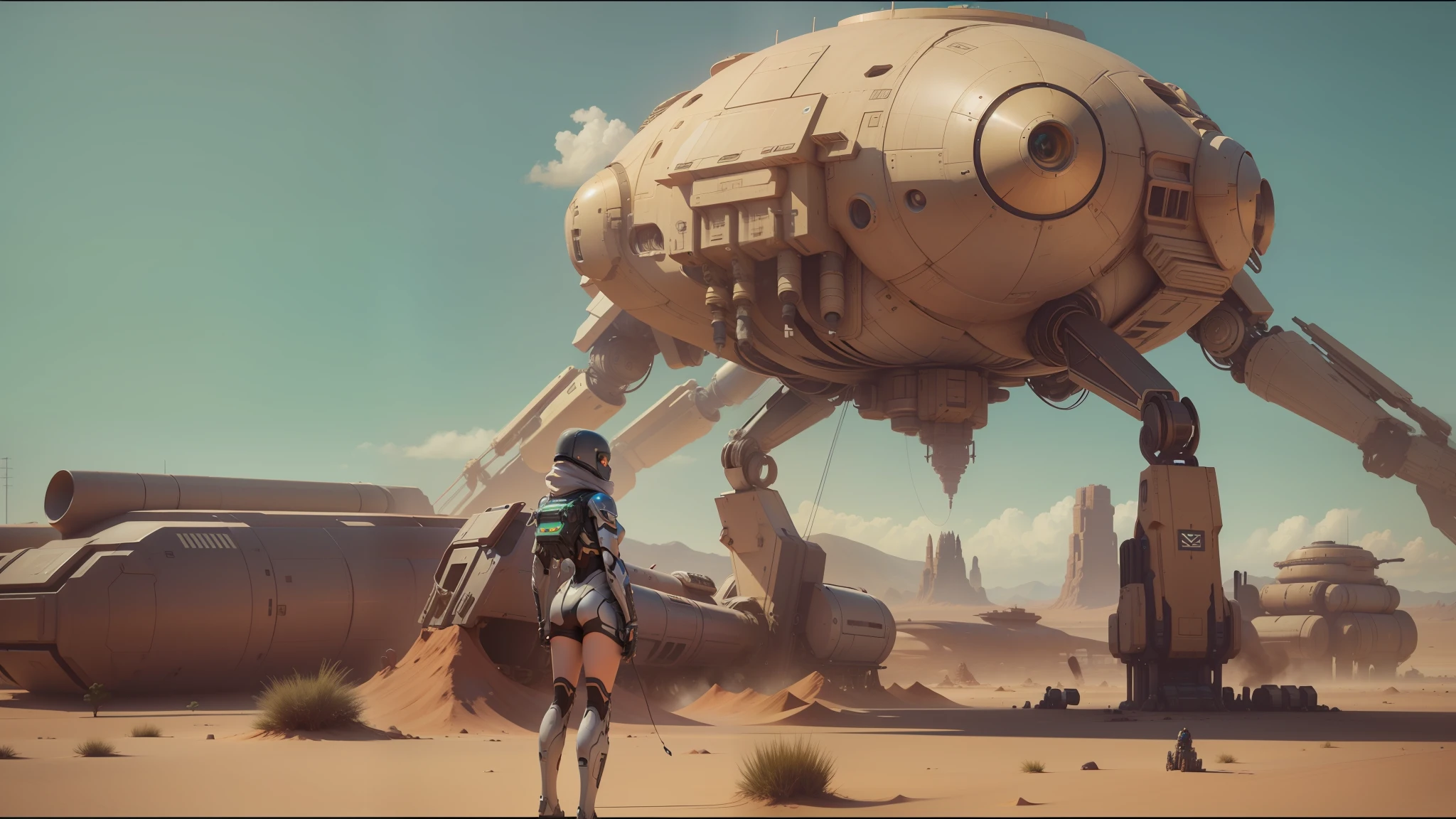 there is a woman standing in front of a giant robot, film still from movie dune-2021, from a 2 0 1 9 sci fi 8 k movie, cgsociety 9, highly detailed surreal vfx, neil blomkamp film landscape, stunning sci-fi concept art, by Mike Winkelmann, love death and robots, vfx art, cgsociety ) --auto --s2