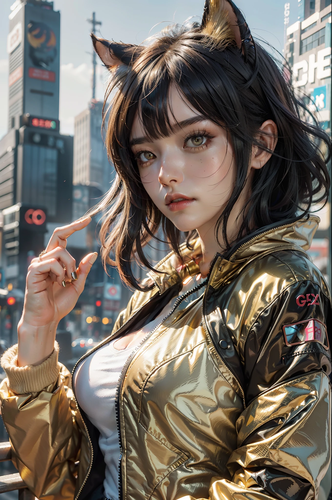 Beautiful photorealistic photograph of beautiful nekomata catgirl wearing tech jacket and assorted cyberpunk clothing and paraphernalia, fringe cut bangs hairstyle, golden eyes, huge breasts, dynamic pose, cyberpunk street background, golden ratio proportions, abstract beauty, approaching perfection, pure form, concept art, by Brian Froud and Carne Griffiths and Wadim Kashin and John William Waterhouse, intricate details, 8k post production, high resolution, hyperdetailed, trending on artstation, sharp focus, studio photo, intricate details, highly detailed, by greg rutkowski