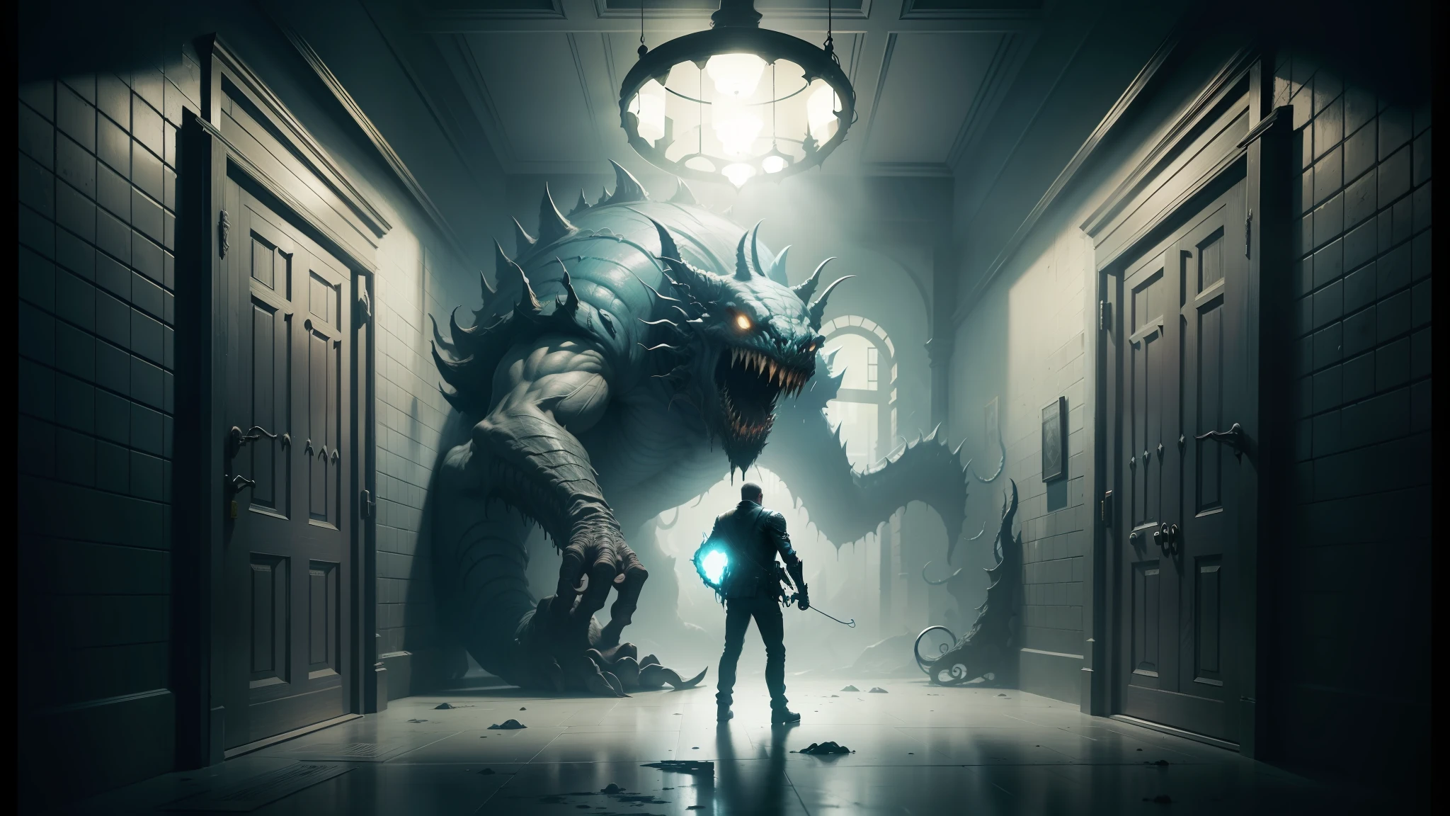 arafed image of a man standing in a hallway with a giant monster in the background, cosmic horror concept art, lovecraftian horror!!, lovecraftian horror!, award - winning. lovecraftian, lovecraft country, resident evil virus concept art, photorealistic dark concept art, lovecraft mythos, mansions of madness, detailed 4k horror artwork --auto --s2