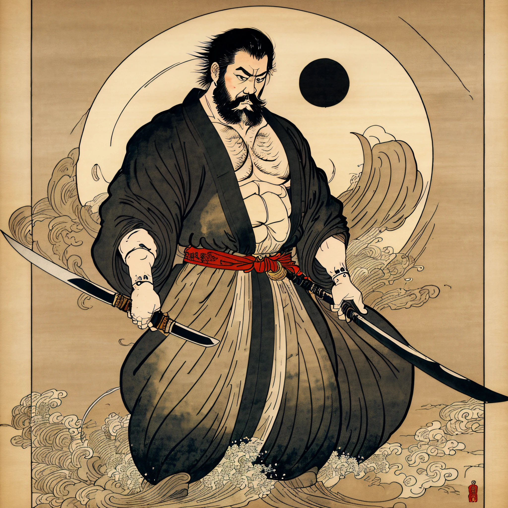 It is a full-body painting with natural colors with line drawings in the style of ukiyo-e. A Japan samurai with a large body like a strongman. He has a rough face, short black hair, and a short, trimmed beard. He wears a black kimono. The hakama should be waist-length and should be drawn in a flowing shape that flutters in the wind. Japan holding a sword in his right hand. Standing in the rough waters of the highest quality, masterpiece high resolution ukiyo-e style. --auto --s2