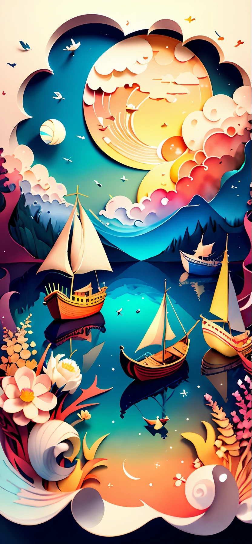 Softlight, (warm color: 1.2), watercolor painting, clear background, exquisite details of better quality, 3D rendering, Octane rendering, pastel, Moon, boat, sea, fish, cloud, storm, (paper_cut: 1.15),