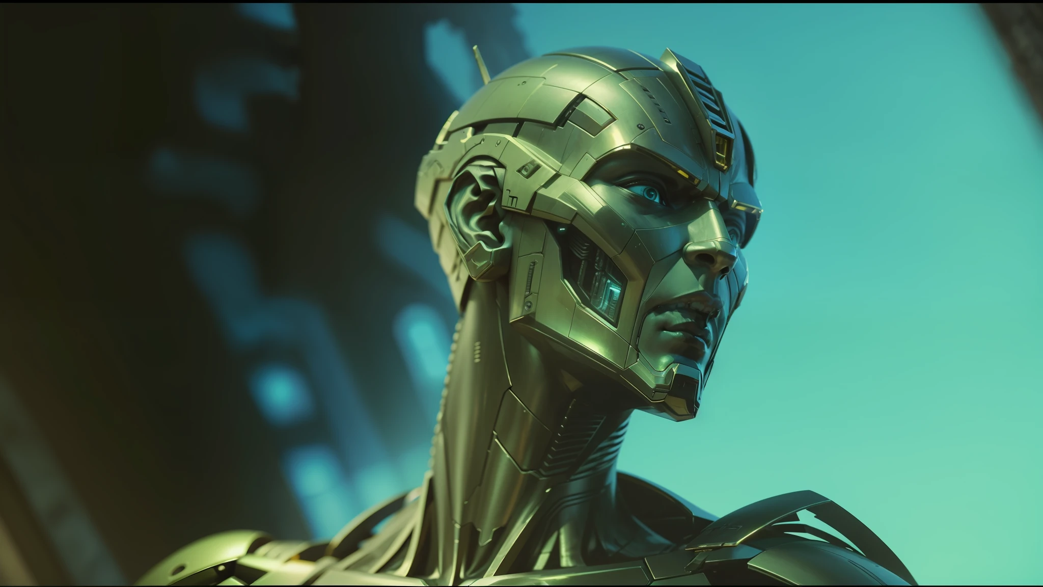 a close up of a statue of a person with a weird face, movie still of a alien cyborg, movie still of aztec cyborg, frame from prometheus movie, still from alita, movie still of a villain cyborg, scene from the movie prometheus, the golden humanoid robot, movie still of a cool cyborg, movie still of a cyborg --auto --s2