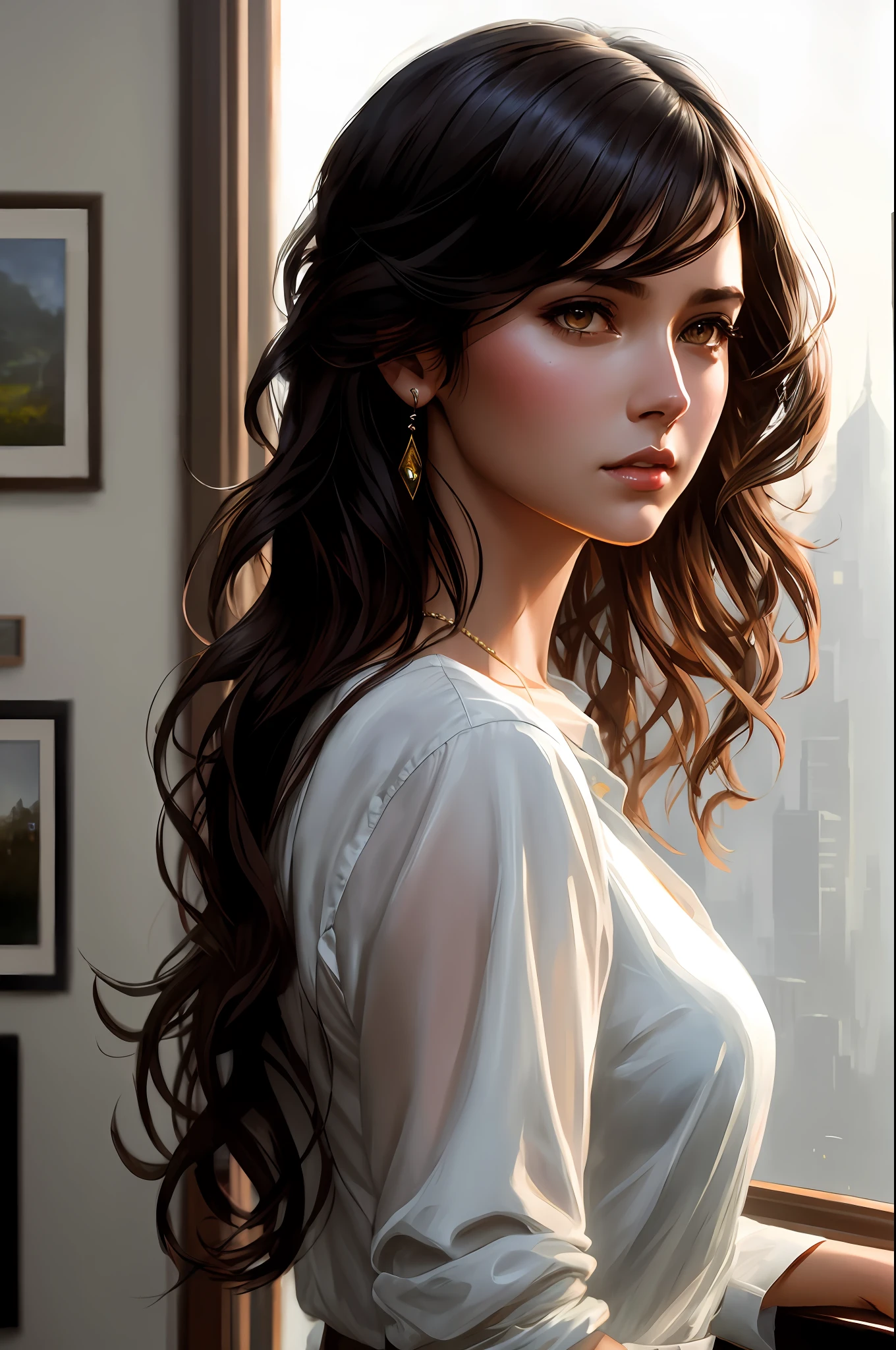 modelshoot style, full shot body,(extremely detailed ((full body)) photograph of a beautiful young woman), (intricate beautiful short chocolate brown messy hair), casual clothing, professional majestic oil painting by Ed Blinkey, Atey Ghailan, Studio Ghibli, by Jeremy Mann, Greg Manchess, Antonio Moro, trending on ArtStation, trending on CGSociety, Intricate, i High Detail, Sharp focus, dramatic, photorealistic painting art by midjourney and greg rutkowski