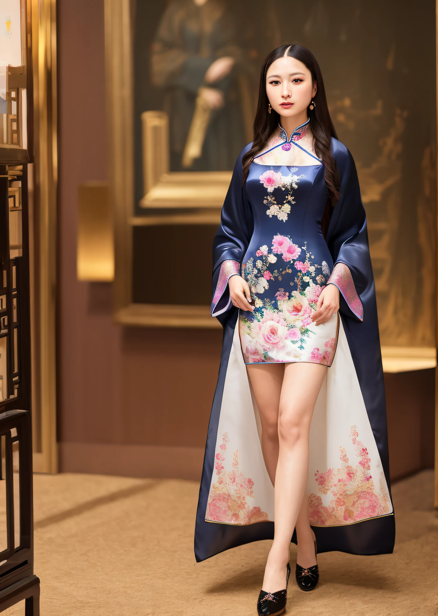 Mona Lisa Dressed in Chinese Cheongsam,, Gentle Expression, Full Body Portrait, Shoes, Catwalk, Masterpiece, Highest Quality, High Quality, Highly Detailed CG Unit 8k Wallpaper, Award Winning Photo, Bokeh, Depth of Field, HDR, Flood, Chromatic Aberration, Realistic, Very Detailed, Art Station Trend, CGsociety Trend, Complex, High Detail, Dramatic, Midway Art, Volumetric Lighting