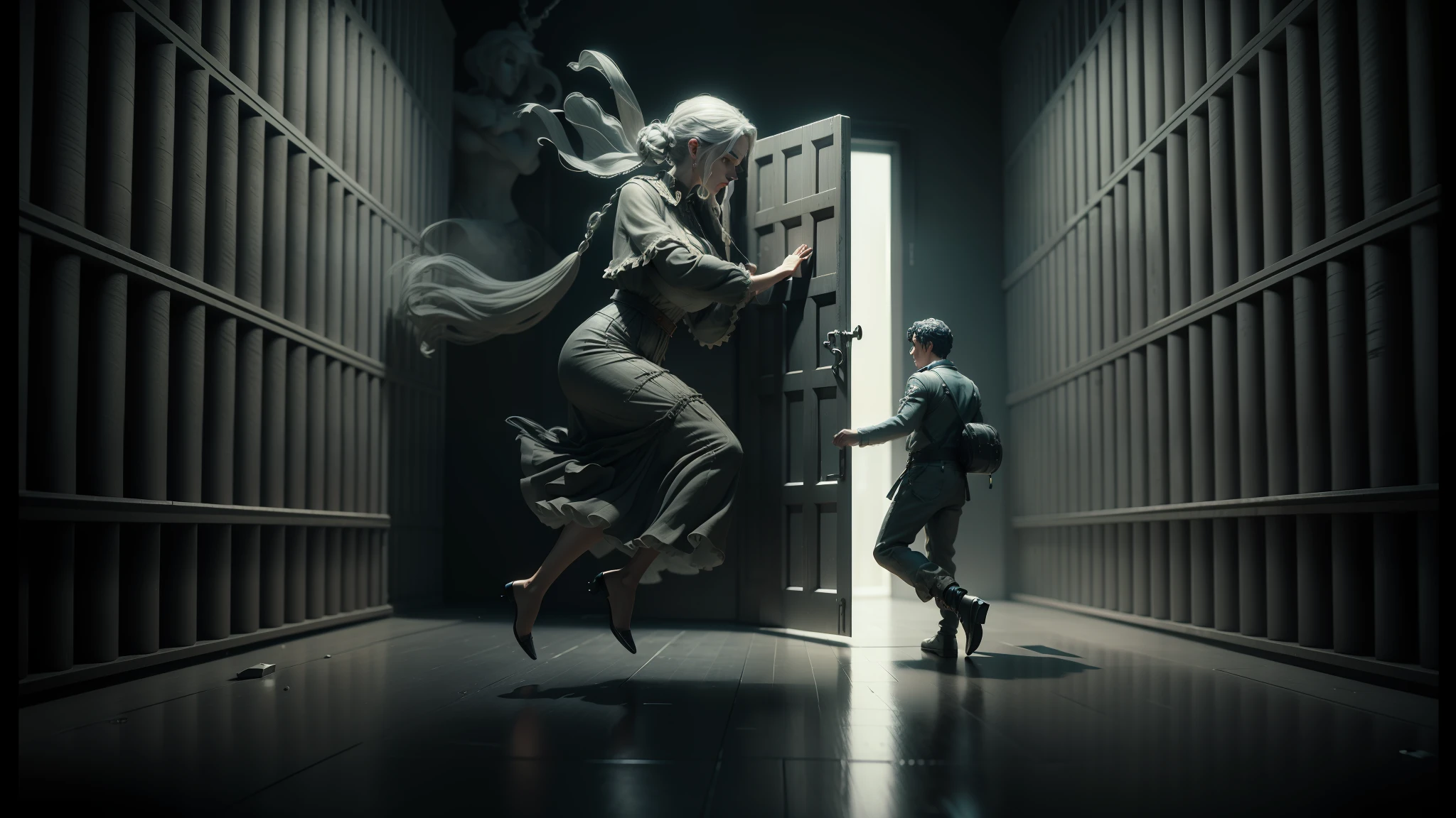 there is a man and a woman walking through a jail cell, highly detailed surreal vfx, cgsociety 9, still from a music video, redshift houdini, houdini & photoshop, houdini vfx, cgi clay sculpture, anamorphic illustration, 3 d epic illustrations, metamorphosis complex 3d render, 3 d houdini, 3d houdini --auto --s2