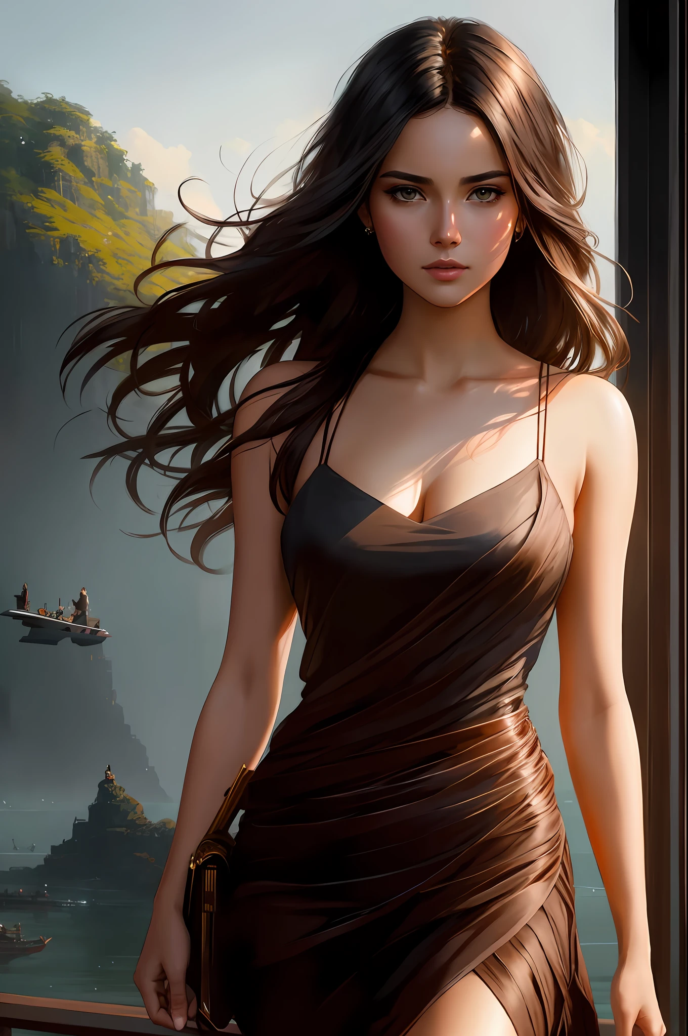 modelshoot style, full shot body,(extremely detailed ((full body)) photograph of a beautiful young woman), (intricate beautiful short chocolate brown messy hair), casual clothing, professional majestic oil painting by Ed Blinkey, Atey Ghailan, Studio Ghibli, by Jeremy Mann, Greg Manchess, Antonio Moro, trending on ArtStation, trending on CGSociety, Intricate, i High Detail, Sharp focus, dramatic, photorealistic painting art by midjourney and greg rutkowski