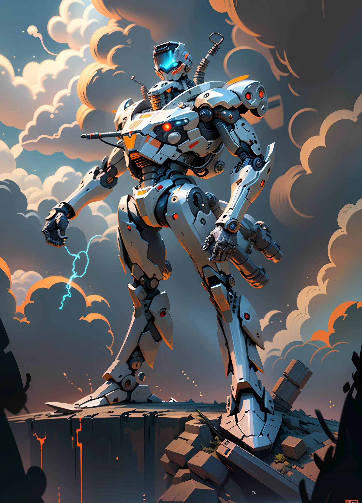 Masterpiece, best quality), intricate details, lightning crank, robot, cyborg, retro-futuristic AI, Tesla coil, electrical, cable, wiring, piston, mechanic, computer, drawing of a robot with a gun in his hand, giant humanoid mecha, cyberpunk