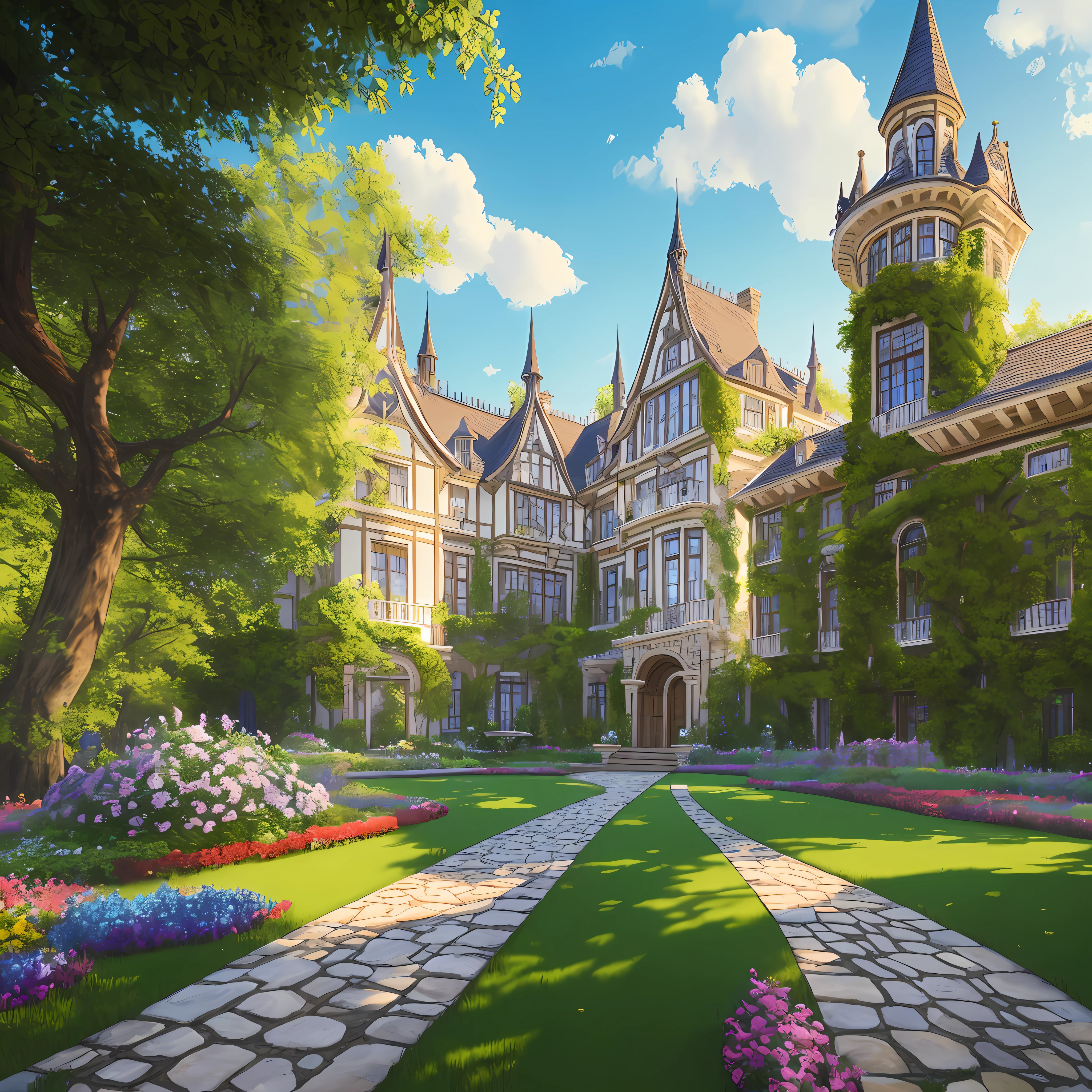 (Photo-realism), (Best quality, masterpiece, full of details), mansion with two towers, many trees, Colorful garden, flower pots, old mansion, white stone path, green grass, blue sky, sunshine, brown brick mansion, ultra HD