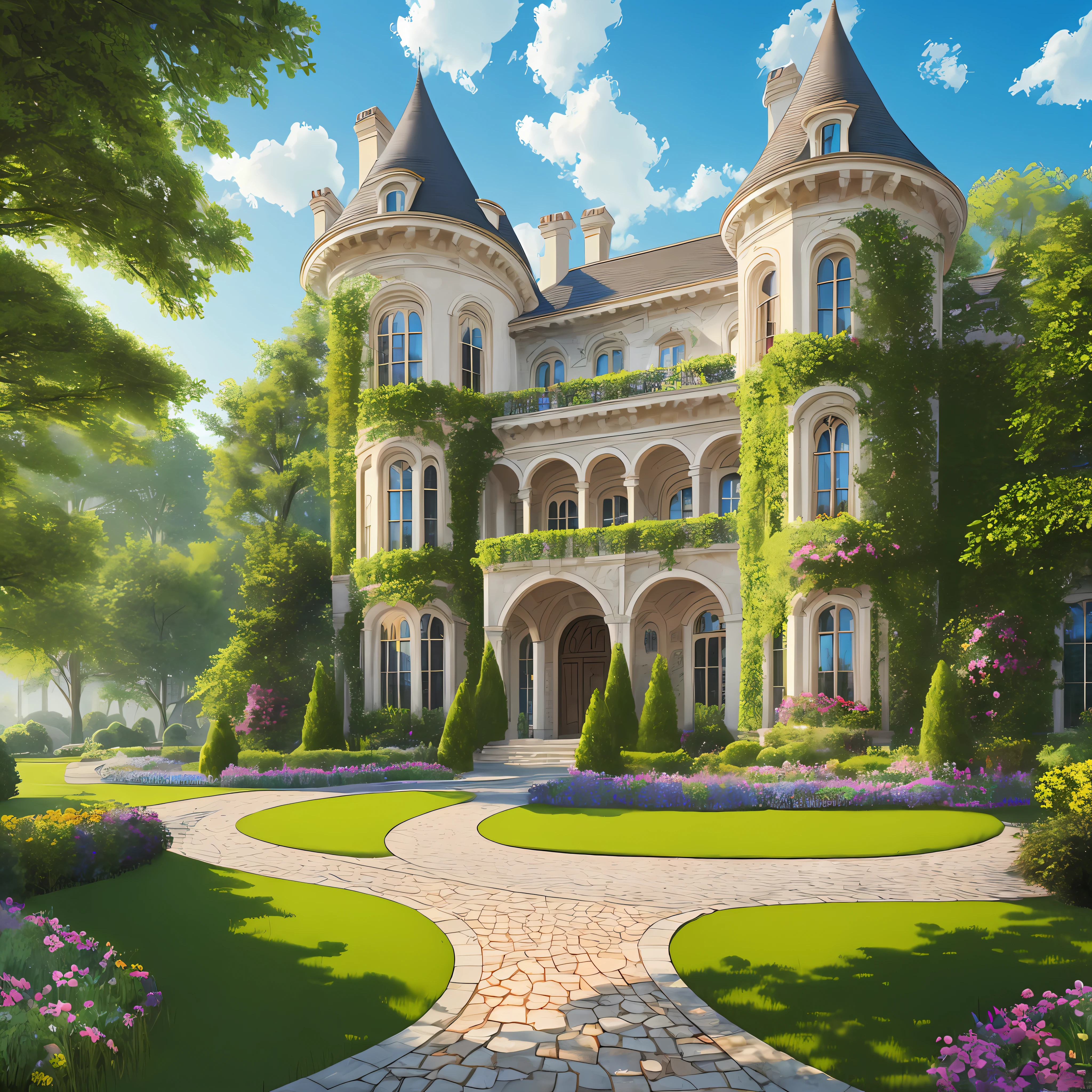 (Photo-realism), (Best quality, masterpiece, full of details), mansion with two towers, many trees, Colorful garden, flower pots, old mansion, white stone path, green grass, blue sky, sunshine, brown brick mansion, ultra HD