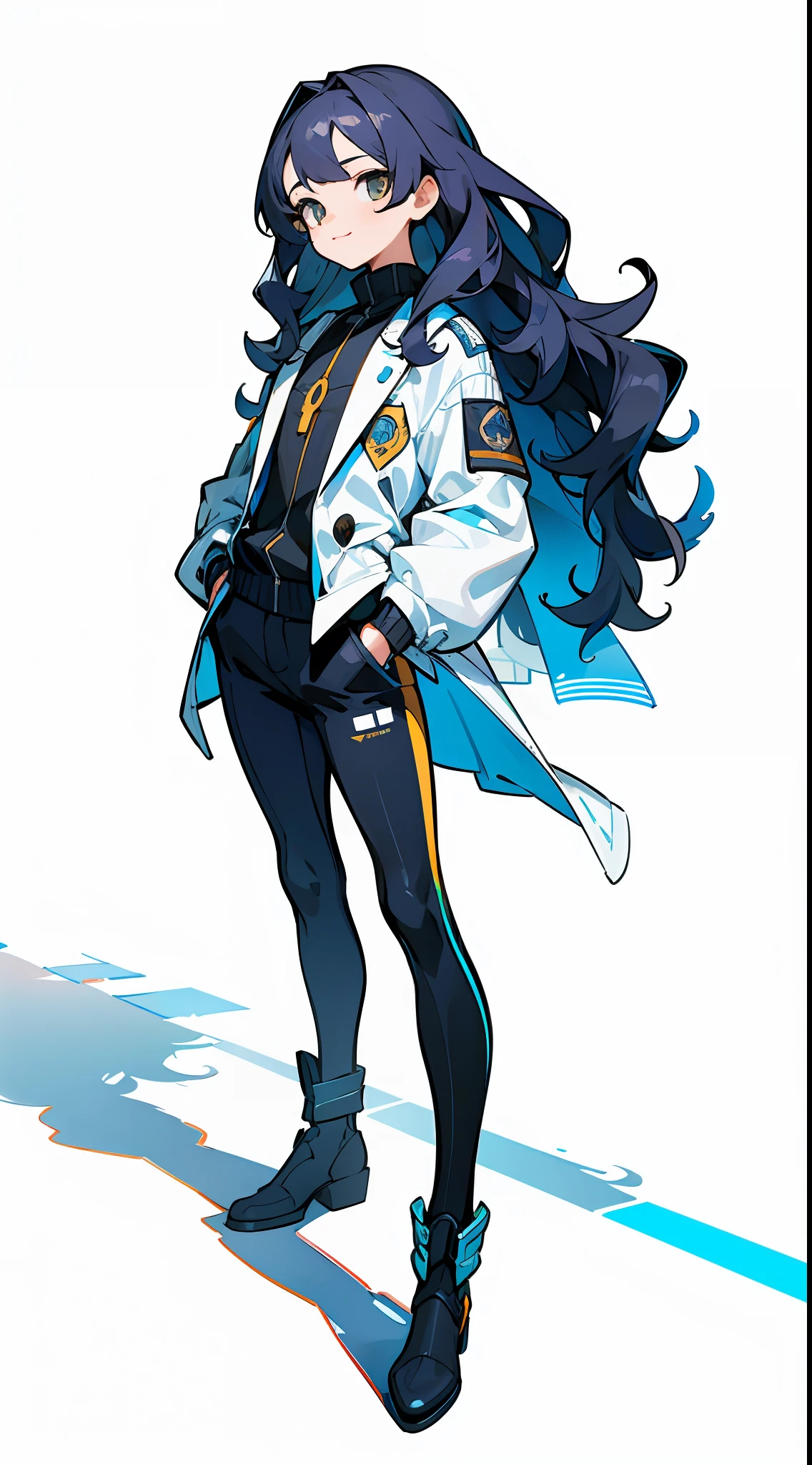 1girl, full body, white background, youth, Bright eyes, Soft silhouette, Small lips, Long wavy hair with slightly deeper, smile,, Self-confidence and affinity, Domineering, wavy long hair, Natural volumes, -stand, hands in pockets, The body is slightly inclined, Assertiveness, -A black, white and gray suit with a modern touch, Oblique viewing angle, Chest above view, Highlight the character's face and costume, It occupies about 2/3 of the entire picture, Cool colors, The streets of the modern city, Soft afternoon sun, warmth, Afternoon, Through the shadows of the building, Modern, simple, stylish, The lines are clean and smooth, Color calm, jiezuo, highest quality, Computer drawing techniques, Focus on the character's face and outfit, with a white background, fully body, Character Design, tachi-e, tachi-e, Masterpiece