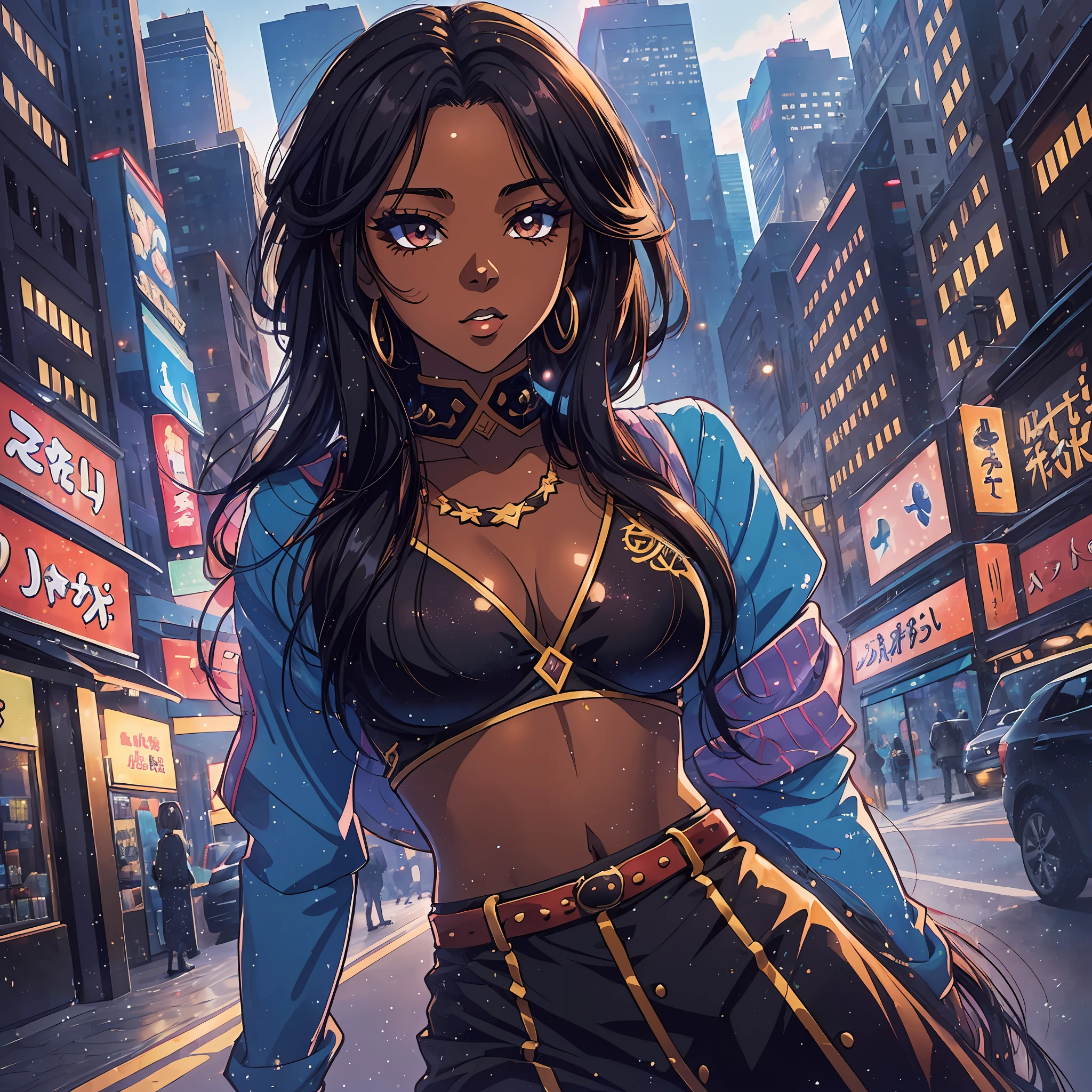 (a young woman:1.2)| (a girl:1.1), dark skin, portrait, makeup, super detailed, Manga/Anime style
, city, direct look, contoured.